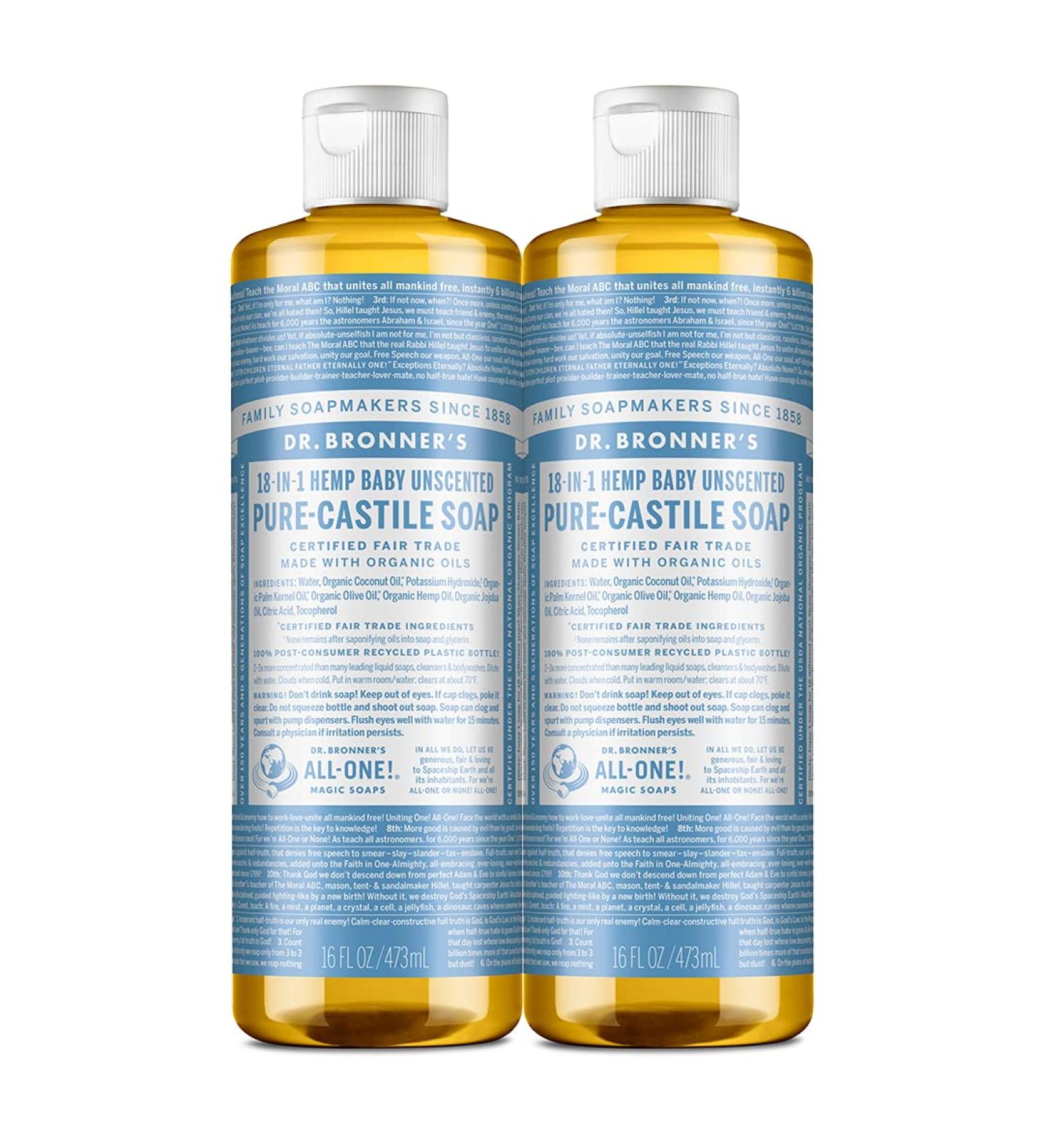 Dr. Bronner's Baby Unscented Pure-Castile Liquid Soap 16oz 2-Pack - Organic Oils - 18-in-1 Uses - Sensitive Skin & Babies - No Fragrance - Buy Online on GoSupps.com