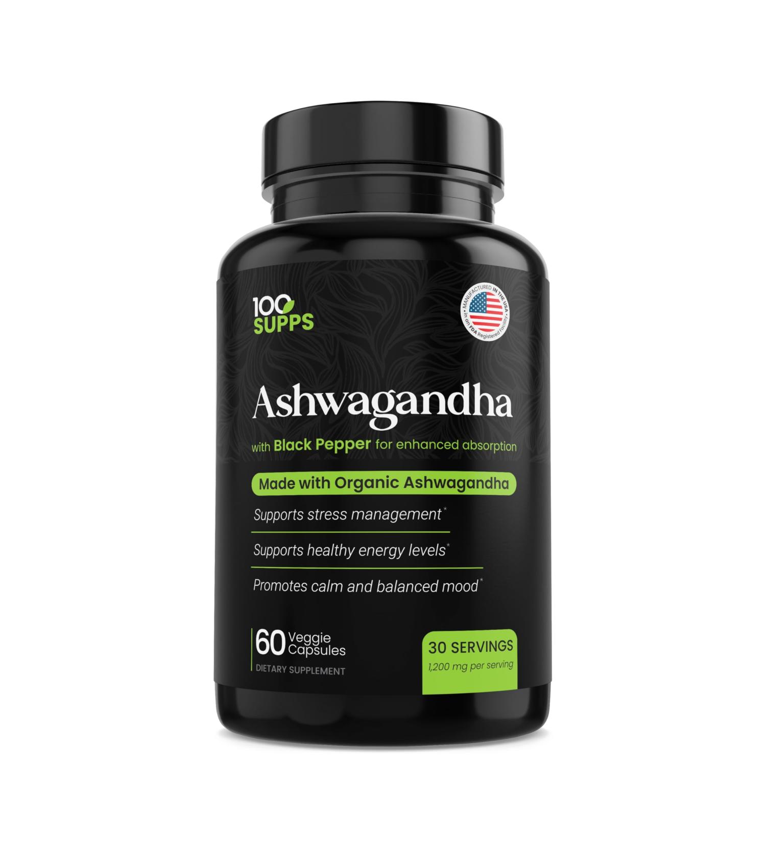 100 Supps Ashwagandha with Black Pepper 1,200 mg | 60 Veggie Capsules, 30-Day Supply | Made with Organic Ashwagandha, Gluten-Free, Manufactured in USA - Buy Online on GoSupps.com