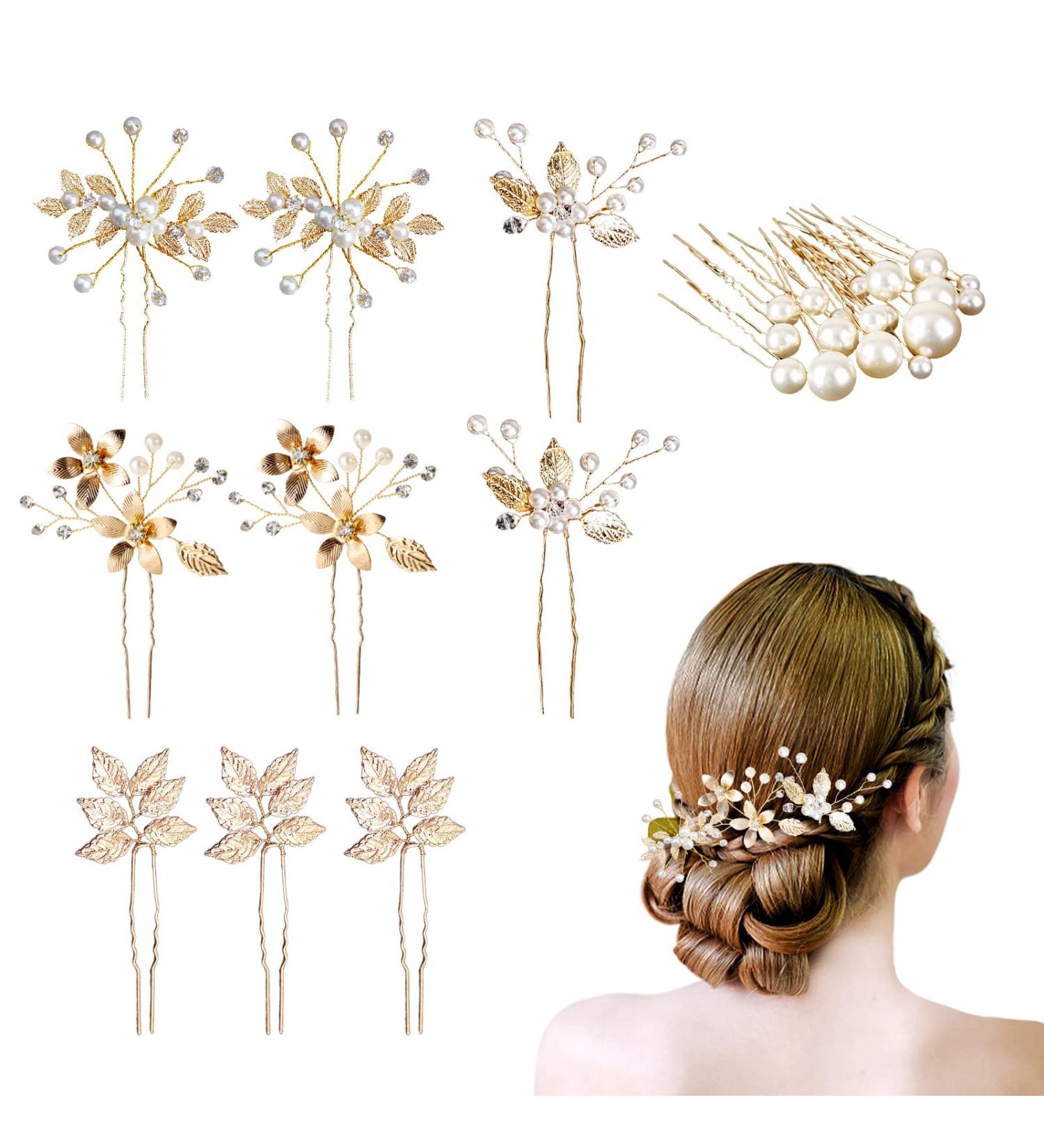 26 PCS Gold Bridal Hair Accessories - Flower Hair Pins, Pearl Bobby Pins, Rhinestone Hair Clip | Wedding Headpieces for Women - Buy Online on GoSupps.com