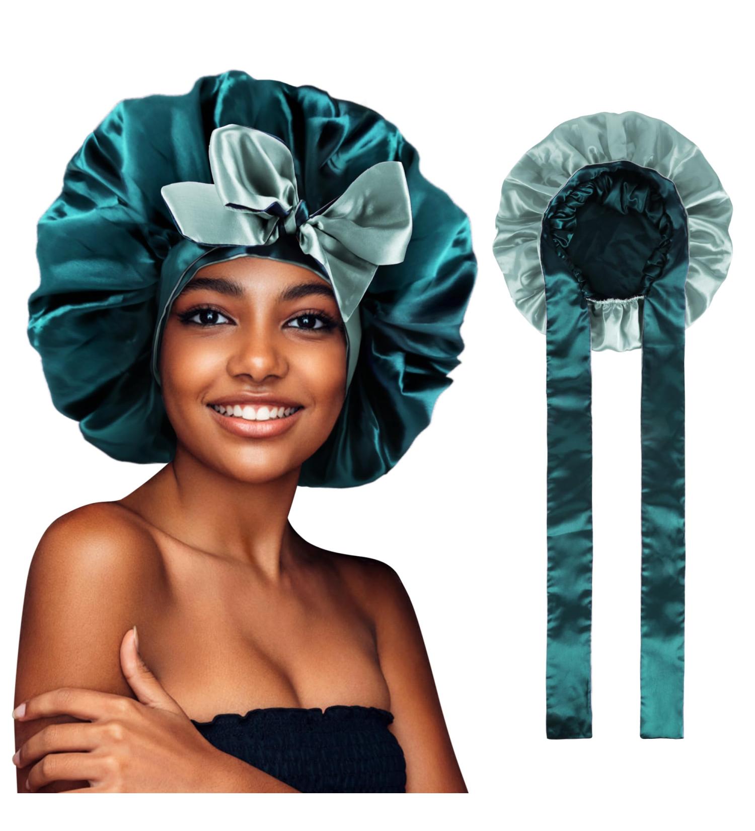 WEIPAO Silk Satin Bonnet - Reversible Double-Sided Sleep Cap for Curly Hair - DarkGreen+LightGray - Buy Online on GoSupps.com