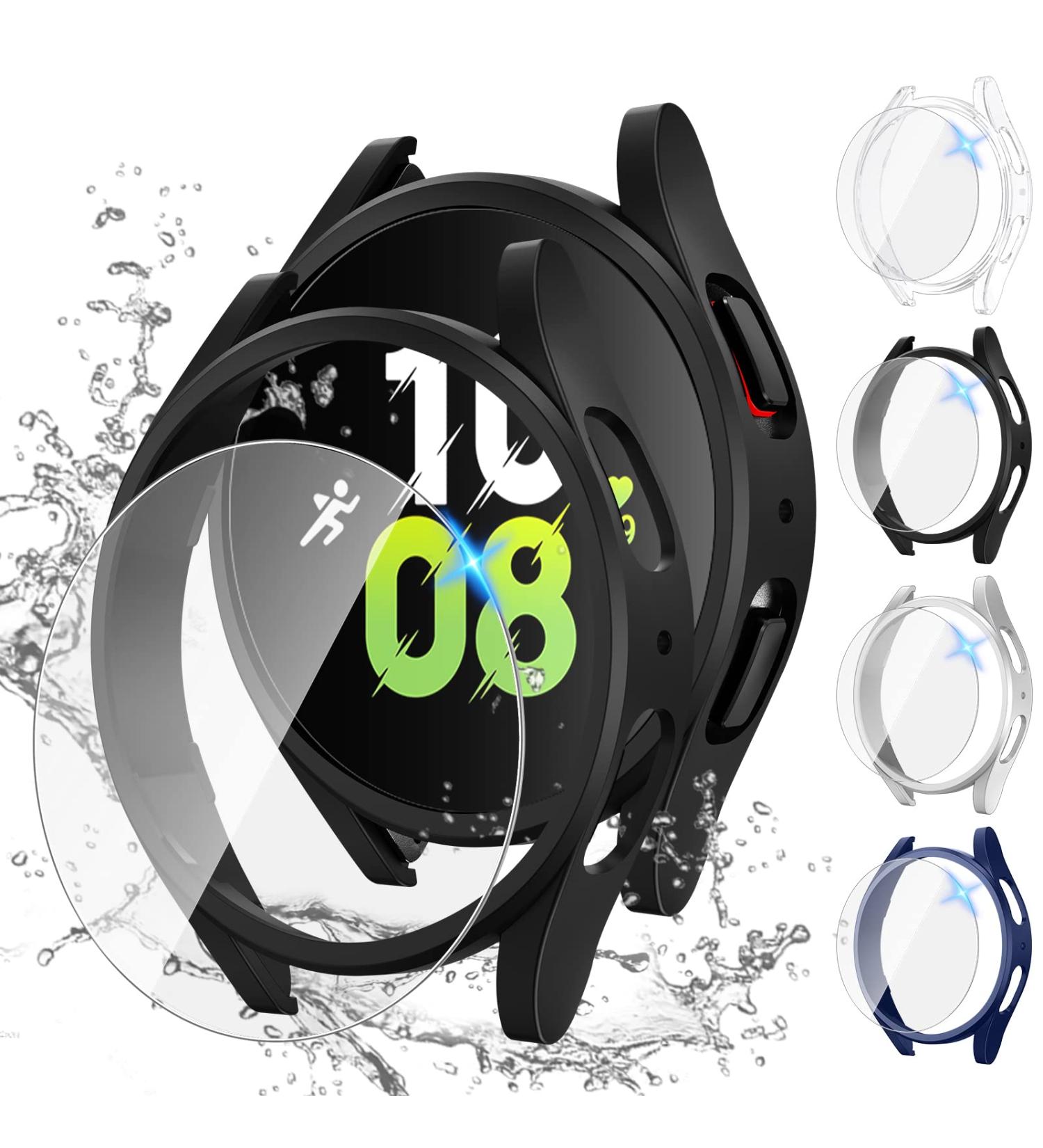 Tensea 4+4 Pack Galaxy Watch 5 & 4 Screen Protector and Case Set 44mm - Anti-Fog Tempered Glass Film with Hard PC Bumper Cover - Clear/Black/Silver/Blue - Buy Online on GoSupps.com