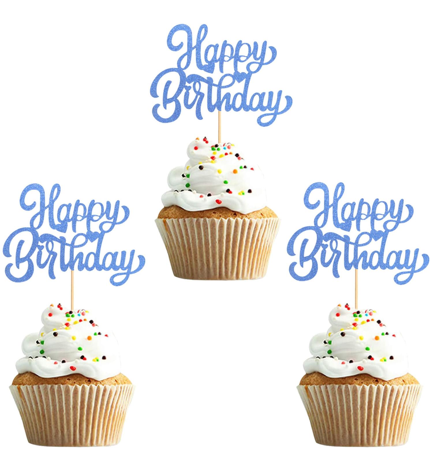 UXYOKM 24Pcs Happy Birthday Cupcake Toppers Blue Glitter Cupcake Picks Birthday Decorations Baby Shower Anniversary Party Supplies - Buy Online on GoSupps.com