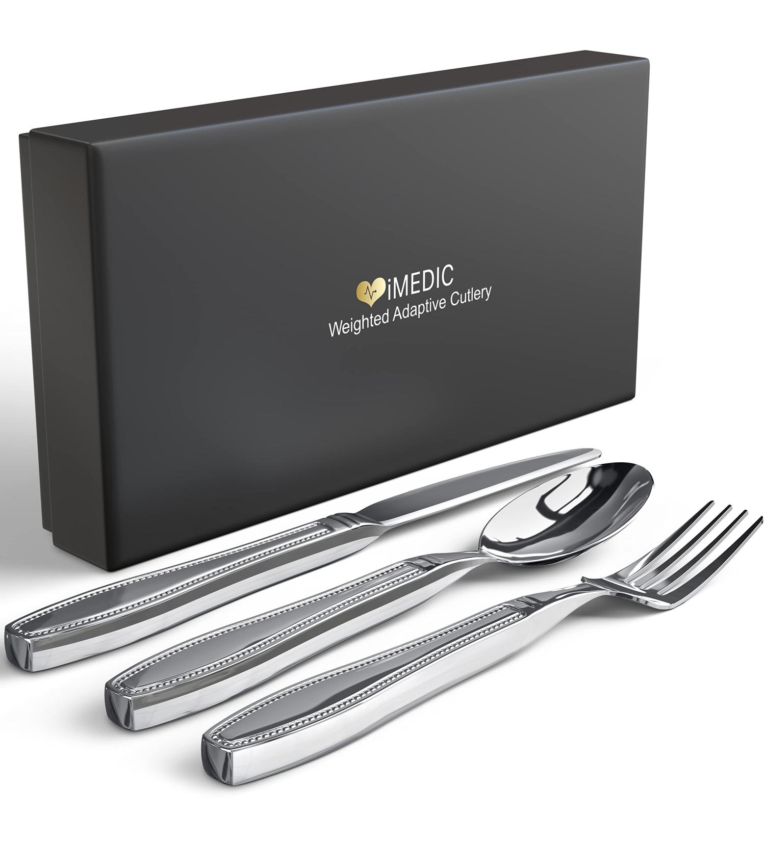 iMedic Weighted Utensils for Hand Tremors - 3-Piece Adaptive Utensils Set - Ideal for Parkinsons - Includes Gift Box - Buy Online on GoSupps.com