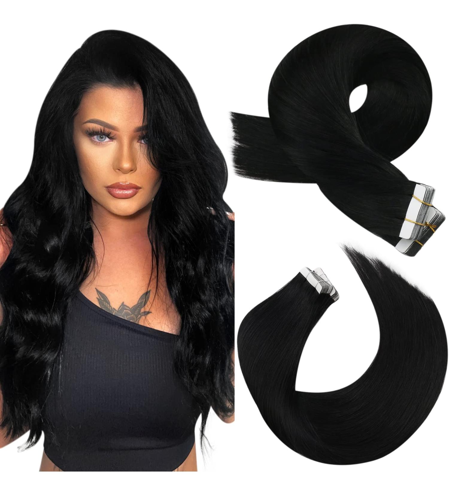 Moresoo Jet Black Tape in Hair Extensions - 16 Inch Real Human Hair, 20 Pieces, 50g #1 - Buy Online on GoSupps.com