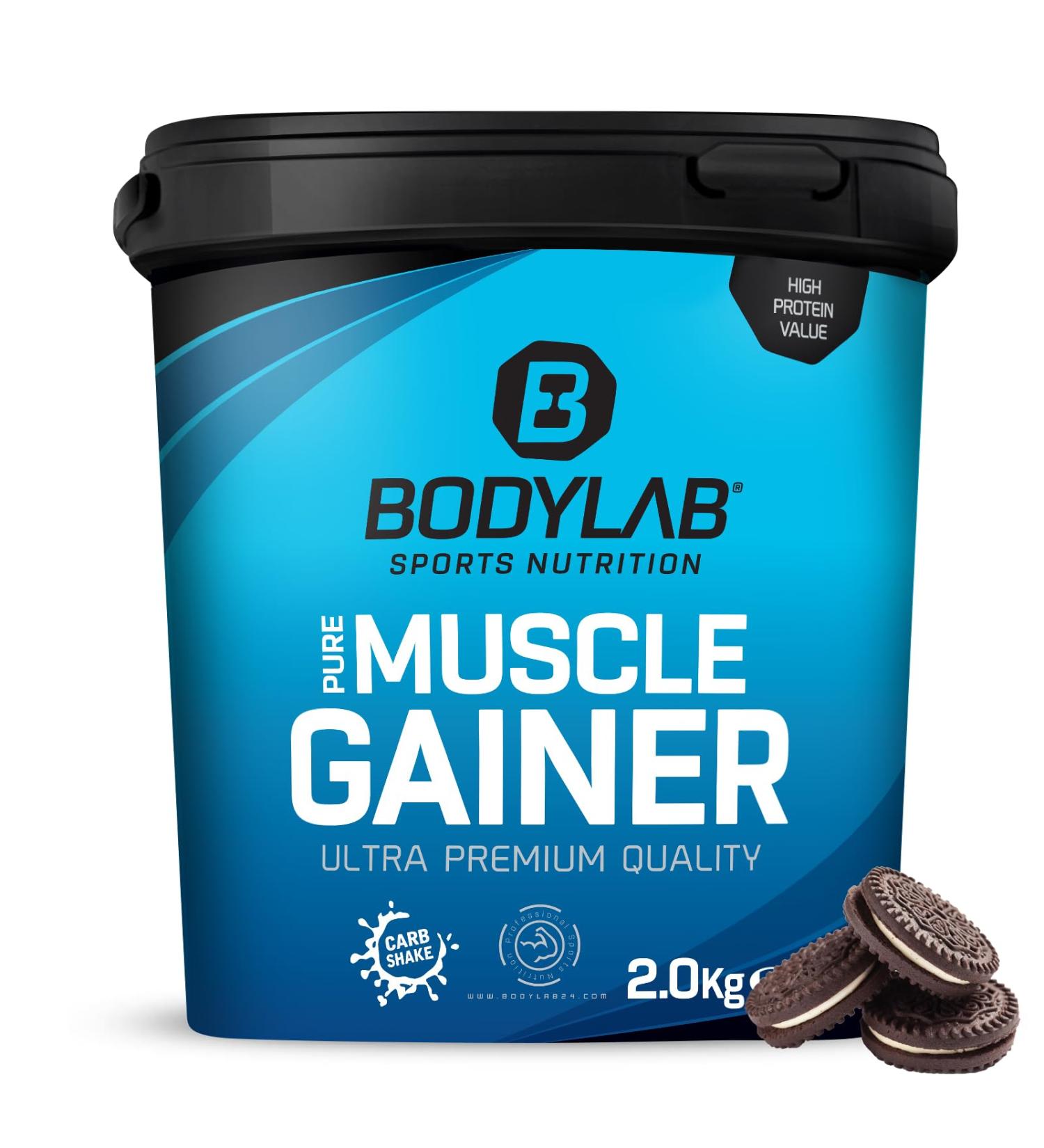 Buy BODYLAB24 Pure Muscle Gainer Cookies & Cream 2kg | 40g Protein 33g Carbs 12g Fat | Enriched with Creatine Monohydrate - Perfect Weight Gainer Shake for Mass Gain - Buy Online on GoSupps.com