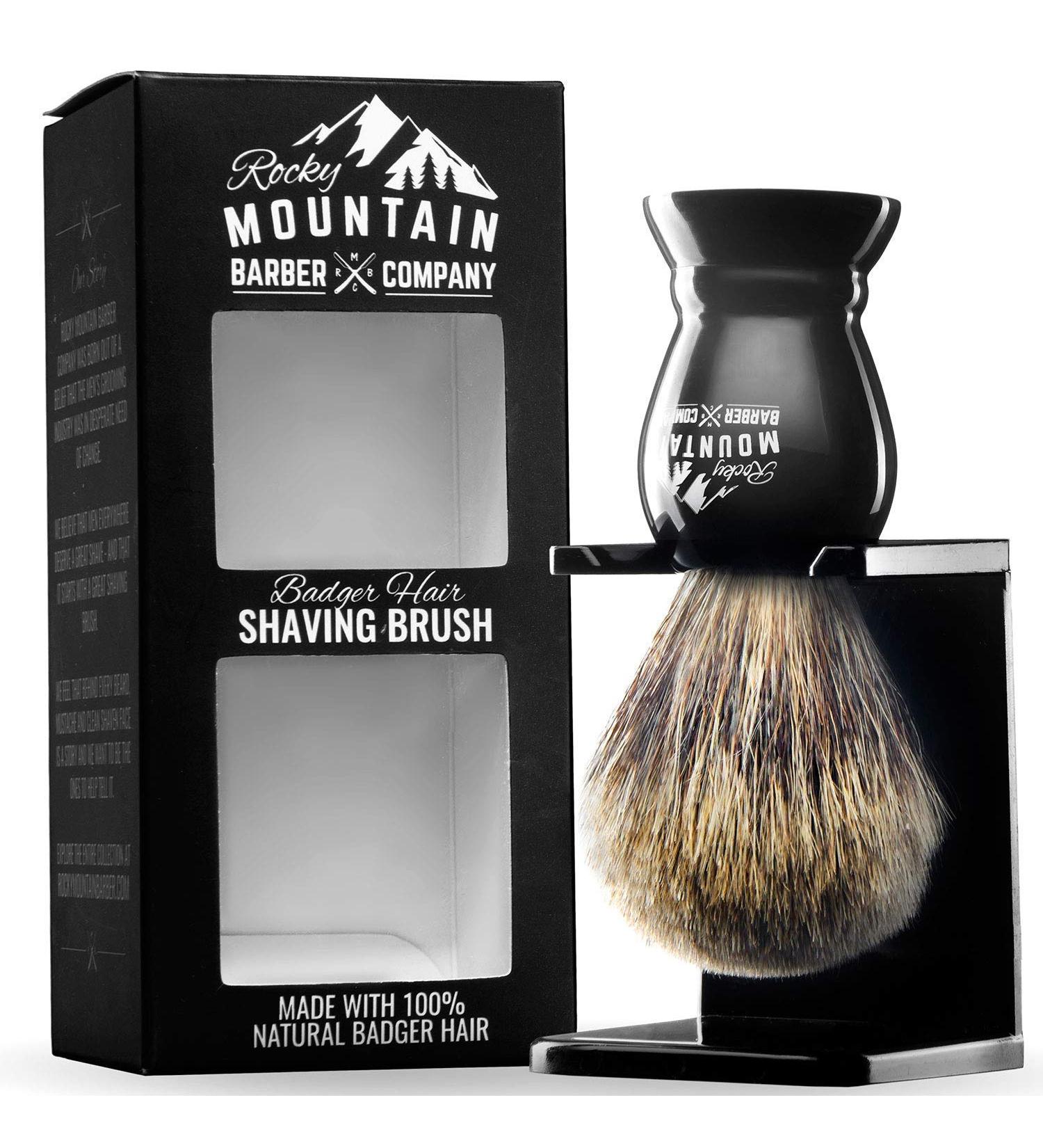 Rocky Mountain Barber Shaving Brush with Stand - 100% Best Badger Hair, Barber Grade, Black Handle, Oversized Bristle Head - Buy Online on GoSupps.com