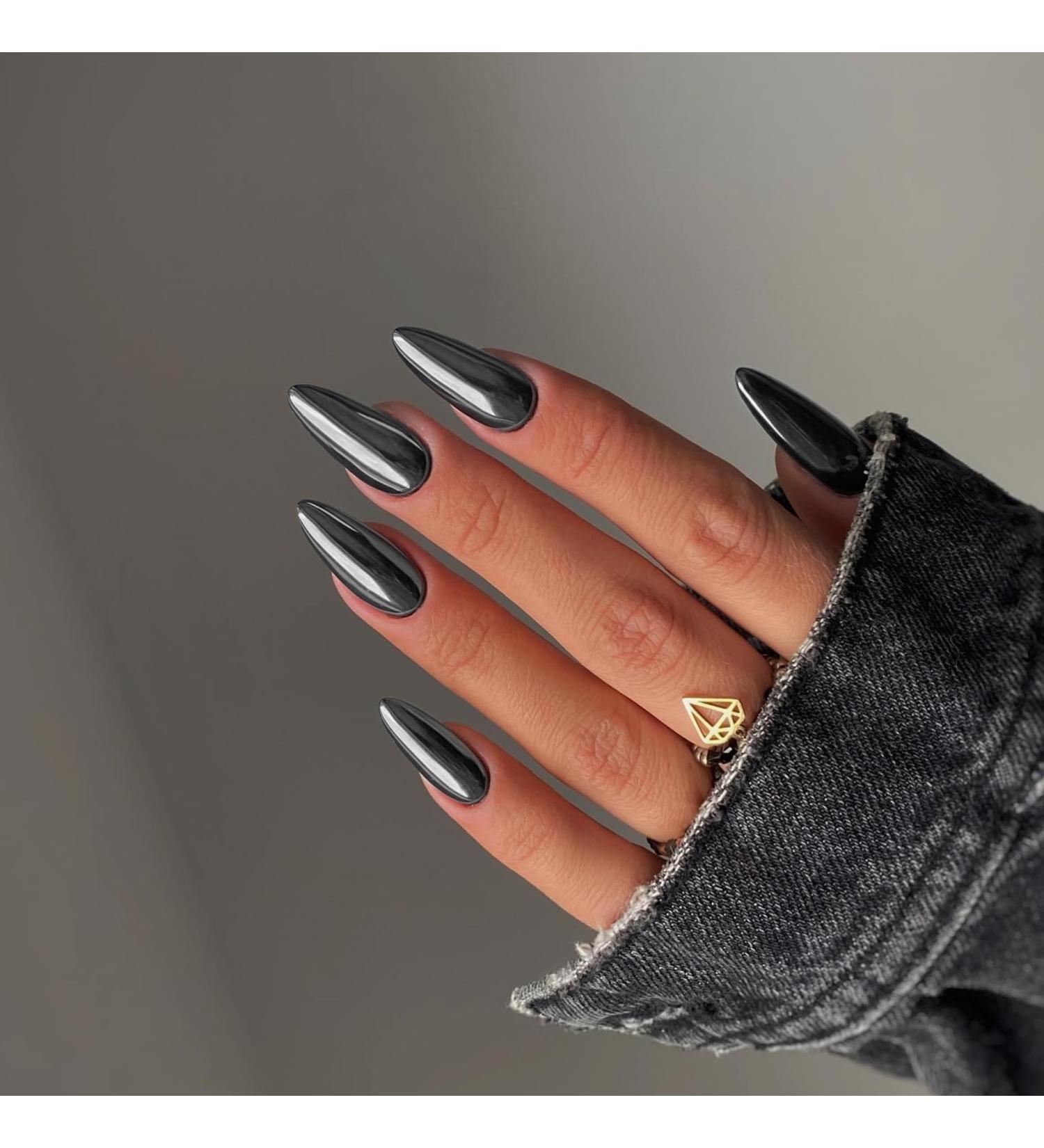 Smoky Grey Chrome Press On Nails | KQueenest Medium Almond Stiletto | 24 PCS Bling Fake Acrylic Nails for Daily & Party Wear - Buy Online on GoSupps.com