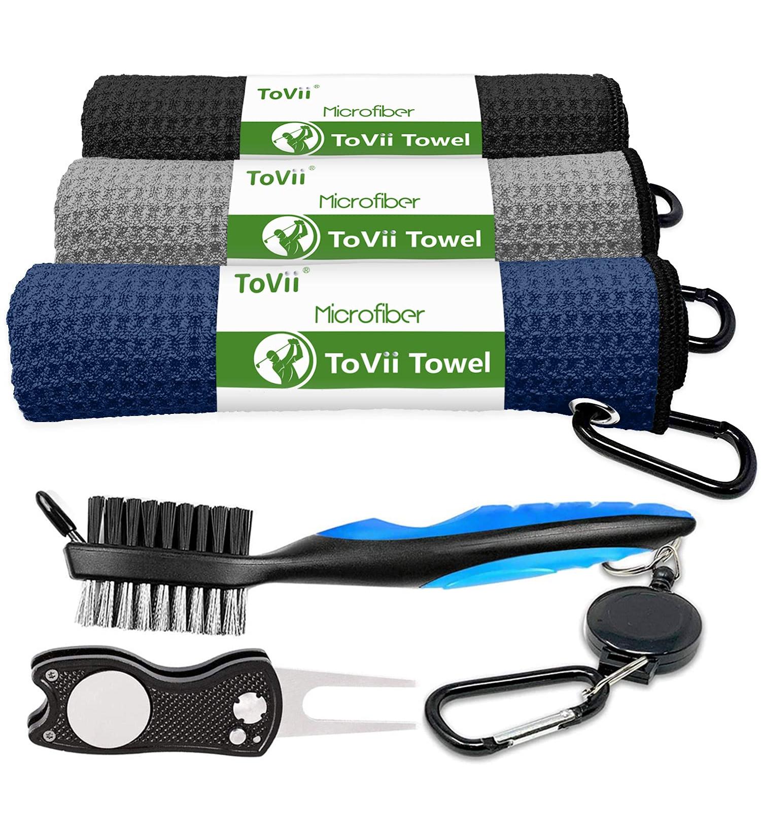 ToVii Golf Towel with Microfiber Waffle Pattern, Brush Tool Kit, Club Groove Cleaner, and Divot Tool - Navy | Golf Accessories for Men - Buy Online on GoSupps.com