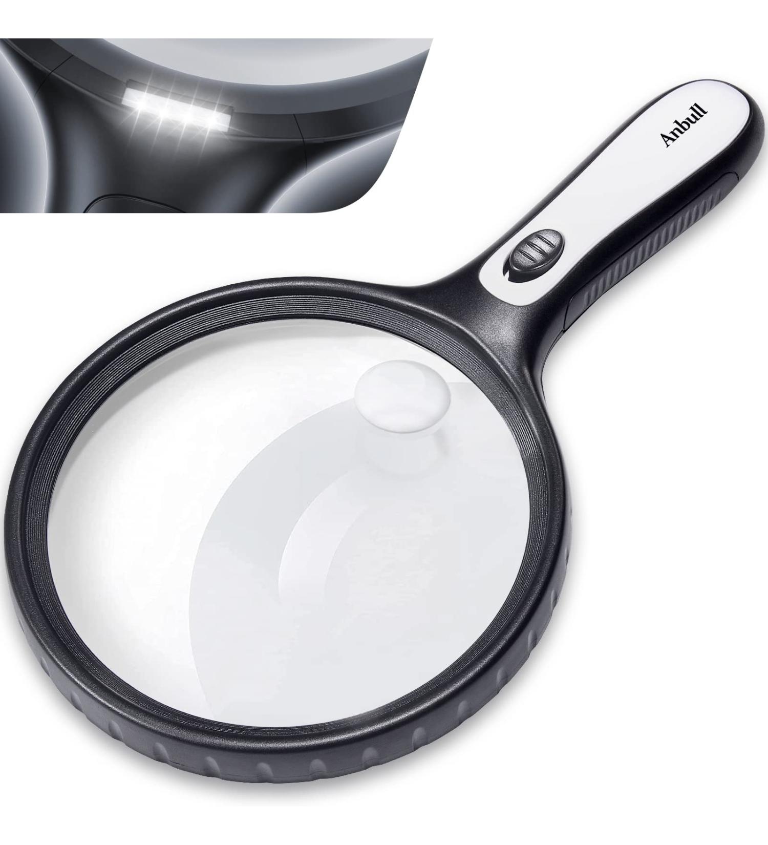 ANBULL 5X 15X Magnifying Glass with Lights  5.5in Large Handheld Page Magnifier  Lighted Magnifying Glass for Reading  Small Prints  Low Vision Seniors (Black) - Buy Online on GoSupps.com