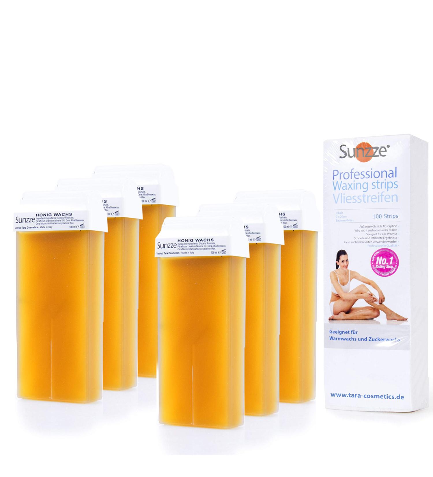 Sunting Wax Patron Set 6 x 100ml - Honey Hair Removal with Free Fleece Strips for Body Legs Armpits & Arms - Wide Rolling Head - Buy Online on GoSupps.com