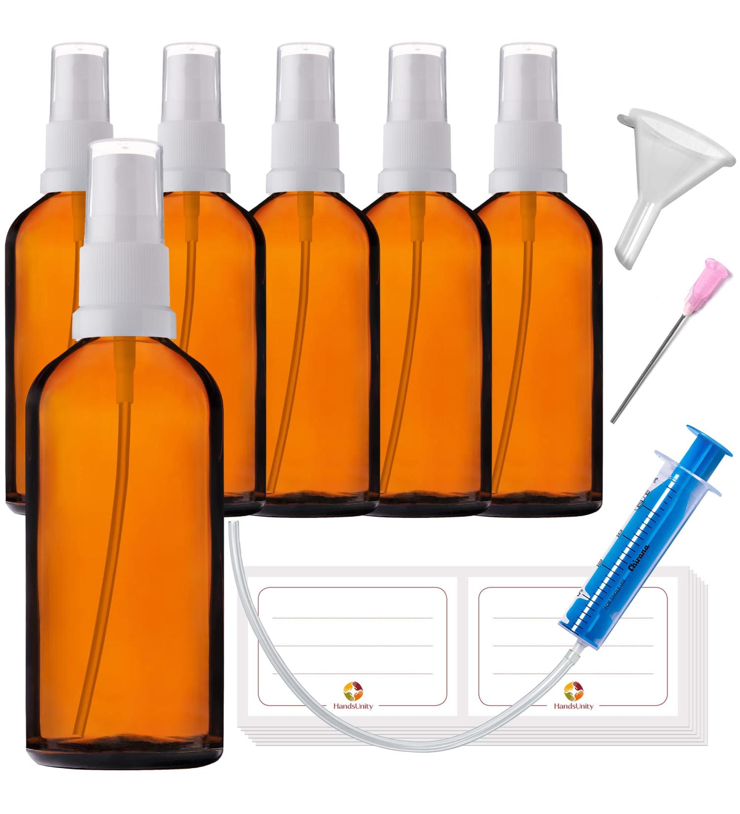 Handsunity 100ml Amber Glass Spray Bottle Set - 6-Pack with White Atomizer & 17 Accessories - Ideal for Pharmacy Use - Buy Online on GoSupps.com