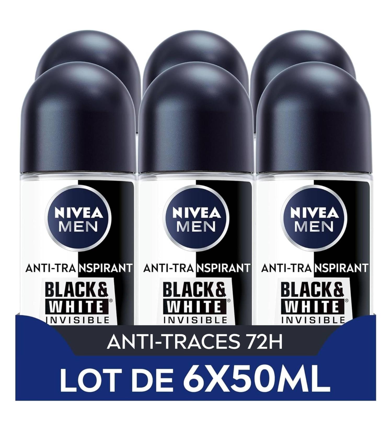 NIVEA MEN NIVEA MEN Invisible Black & White Roll-On Deodorant (6 x 50ml pack) men's deodorant against white and yellow marks 72-hour underarm antiperspirant protection