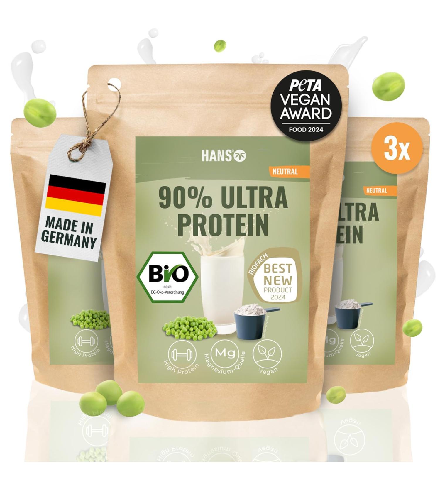  Hans HANS Brainfood Organic Fermented Pea Protein Powder ULTRA Creamy 90% Neutral 1 kg Creamy vegan protein powder with an optimal amino acid profile and high soluble content Powder - Buy Online on GoSupps.com