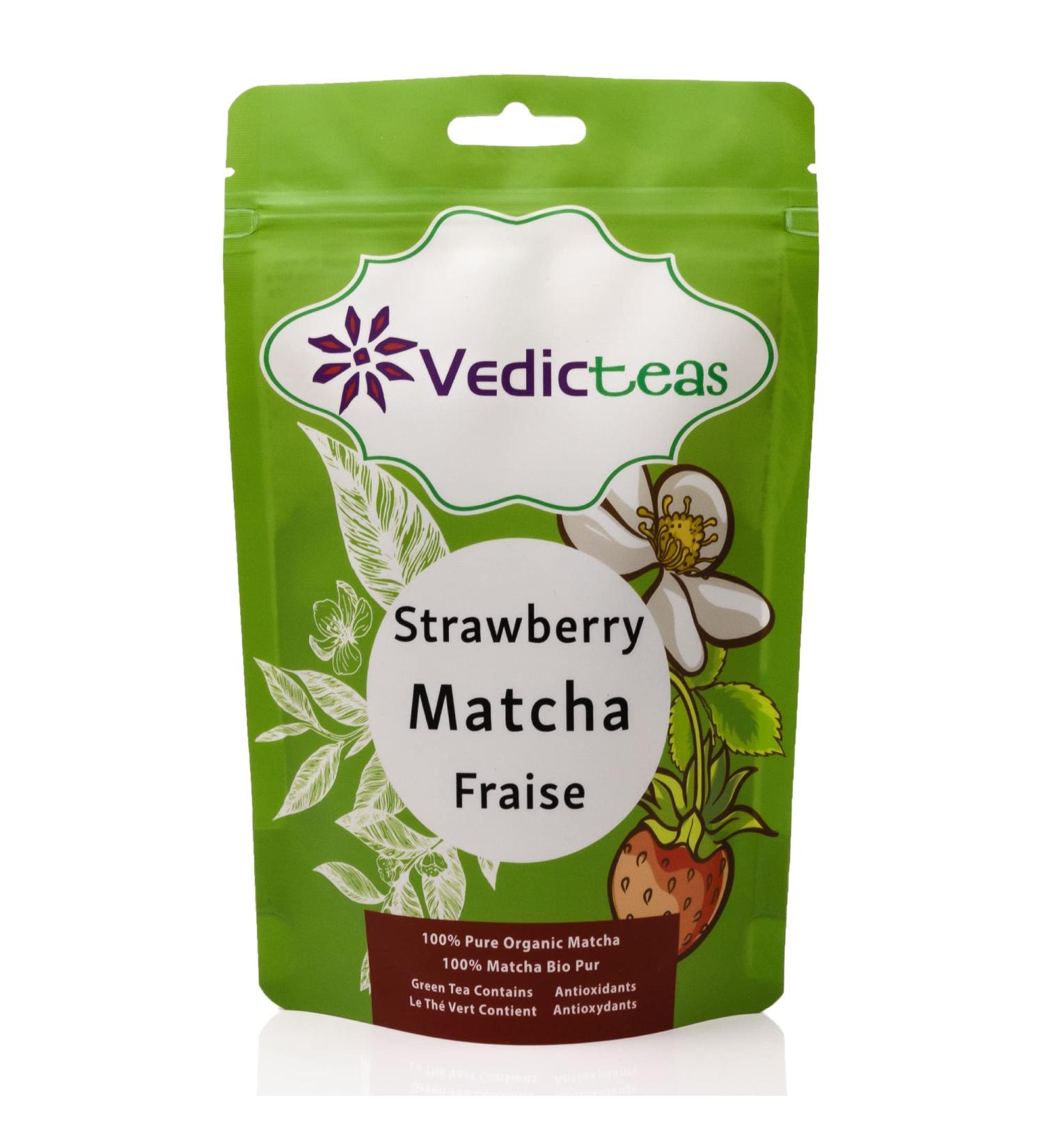 Vedic Teas Strawberry Matcha Tea Powder For Lattes Smoothies Iced Shakes Daily With Japanese Organic Green Tea With No added Sugar Dairy Free 100gm or 3.5oz - Buy Online on GoSupps.com