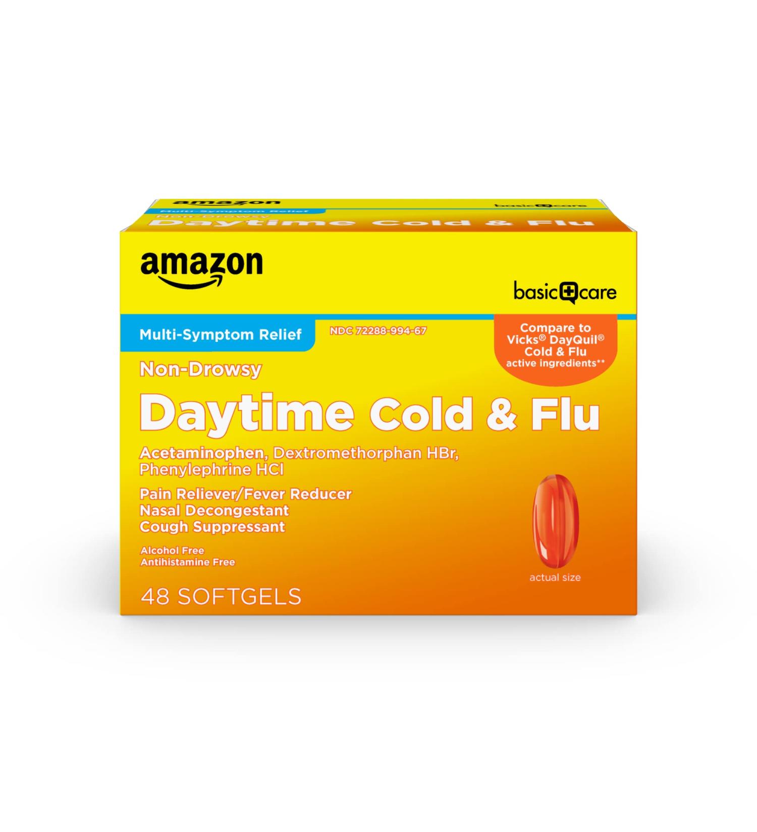 Amazon Basic Care Daytime Cold & Flu Liquid Caps - 48 Count Pack for Daytime Relief - Buy Online on GoSupps.com