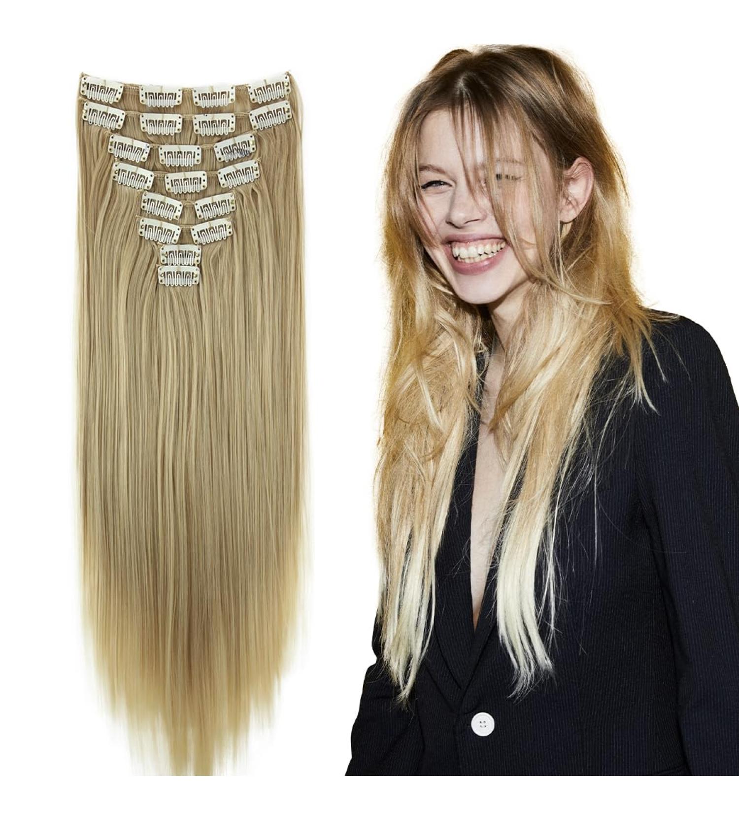 CAISHA by PRETTYSHOP XXL 20 Straight Light Blond Clip In Hair Extensions - 8 Pieces Set | Synthetic Fiber Hairpiece | Style CES118 #25T613 - Buy Online on GoSupps.com