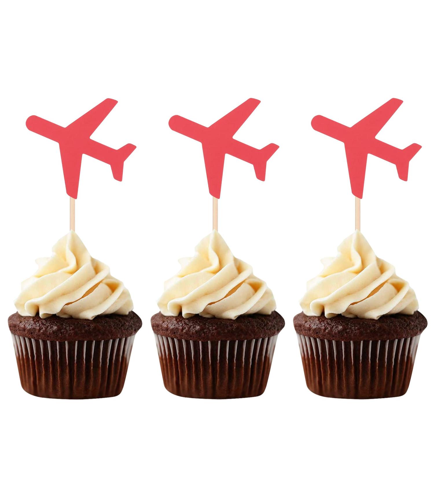 Set of 24 Red Airplane Cupcake Toppers Handcrafted Baby Shower / Kids' Birthday Party Decors