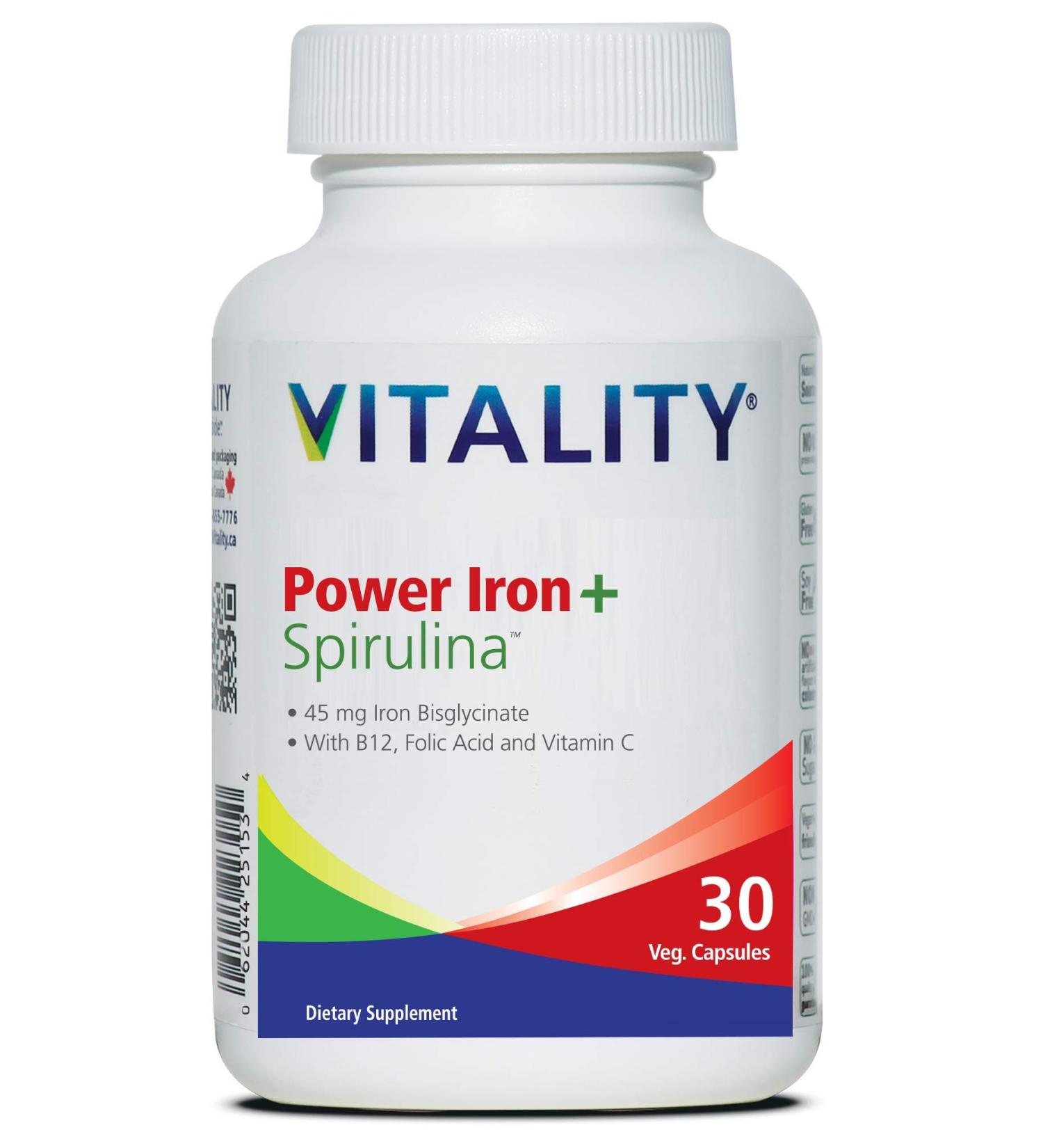 Vitality Power Iron + Spirulina | 45mg Iron | Blood Builder | Iron Deficiency Support | Vegan | All Natural Supplement | Gentle on Stomach | 30 Capsules 30 Count (Pack of 1) - Buy Online on GoSupps.com