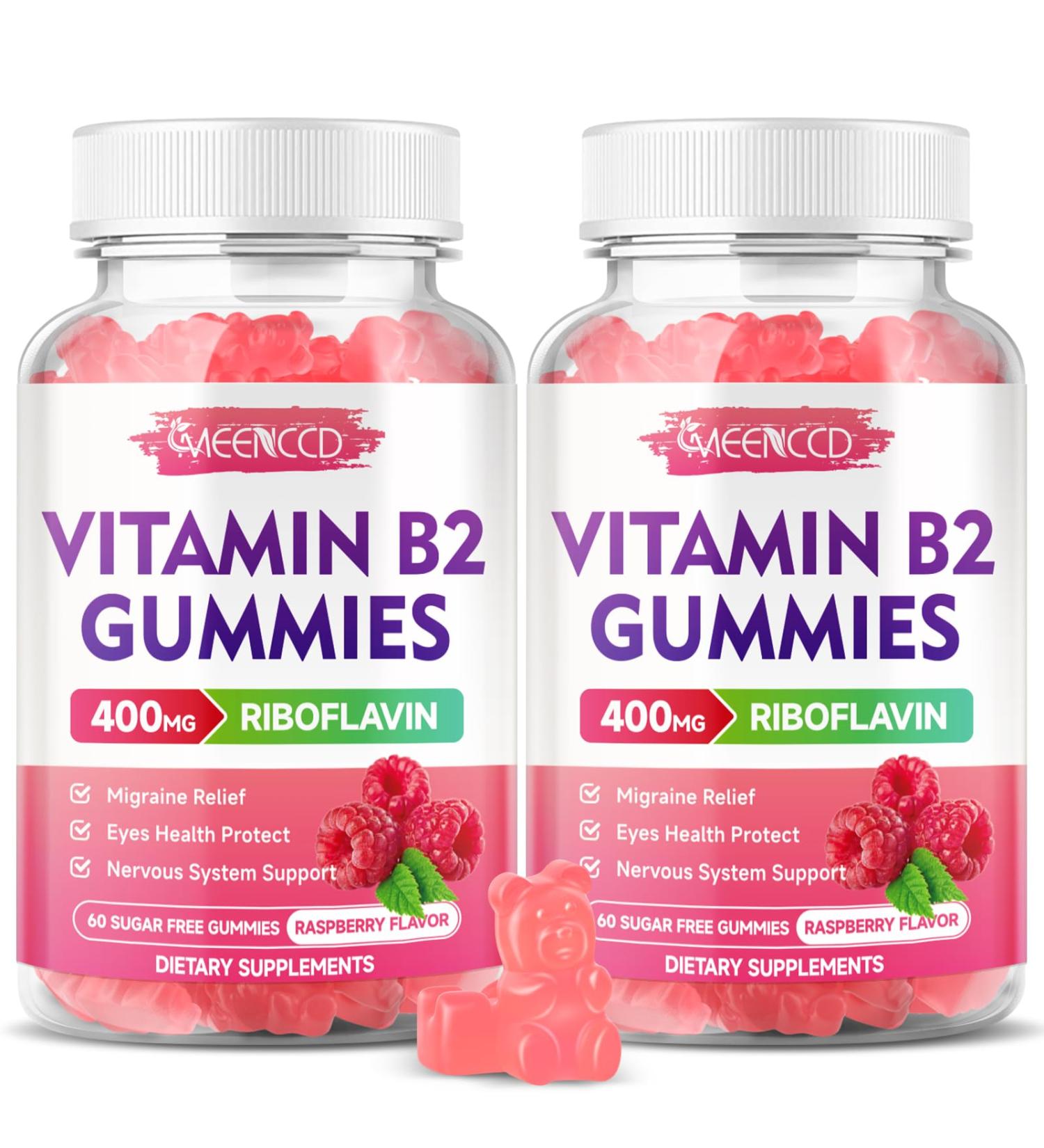 MEENCCD 2 Pack Vitamin B2 Gummies Riboflavin 400mg Supplement with Magnesium for Kids & Adults B2 Gummies for Migraine Relief Support Vegan Sugar-Free Raspberry Flavor 120 Count - Buy Online on GoSupps.com