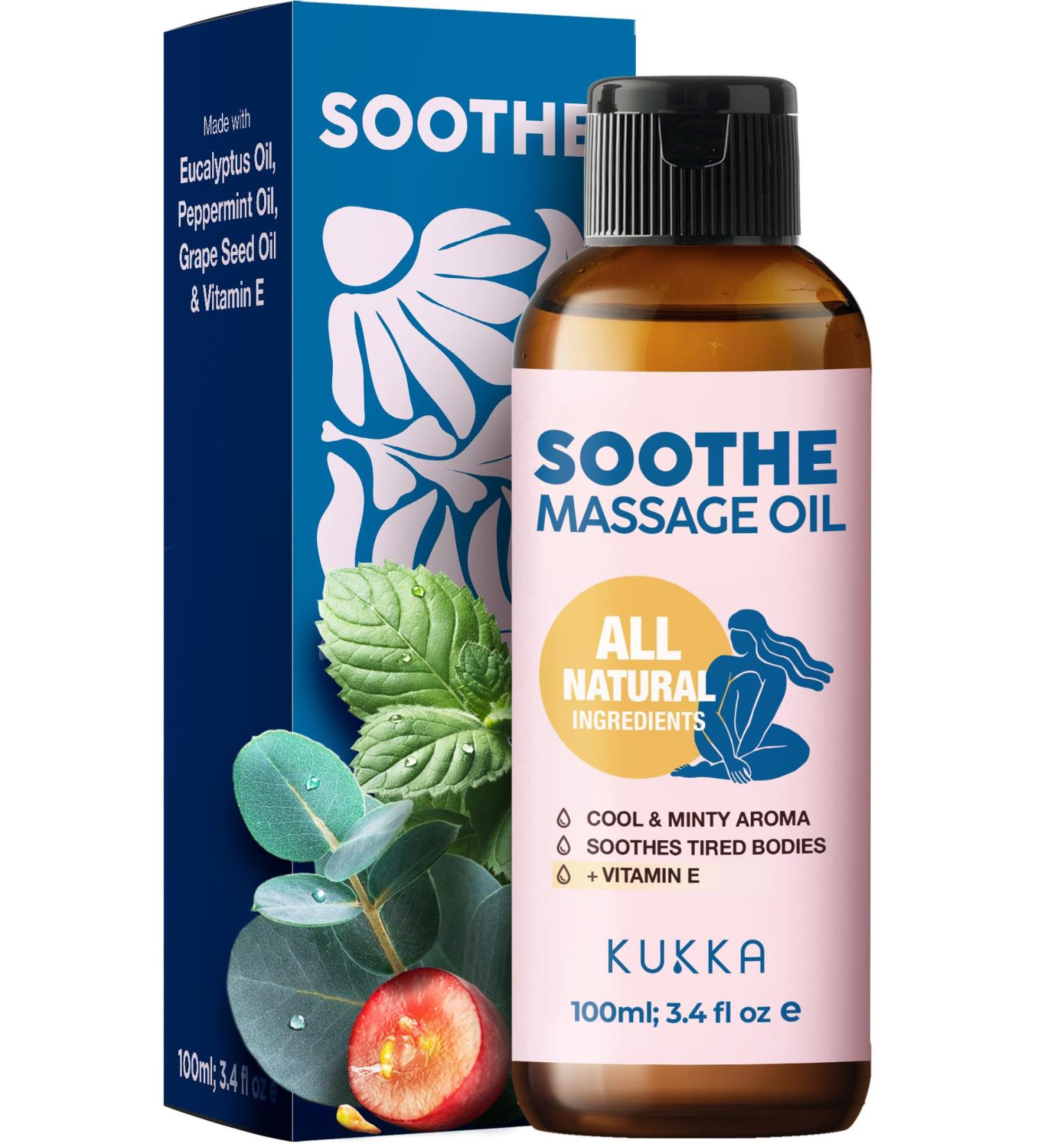 Kukka Soothe Massage Oil - Spa Quality Warming Body Oil with Eucalyptus Peppermint & Vitamin E - 3.38 fl oz for Massage Therapy - Buy Online on GoSupps.com