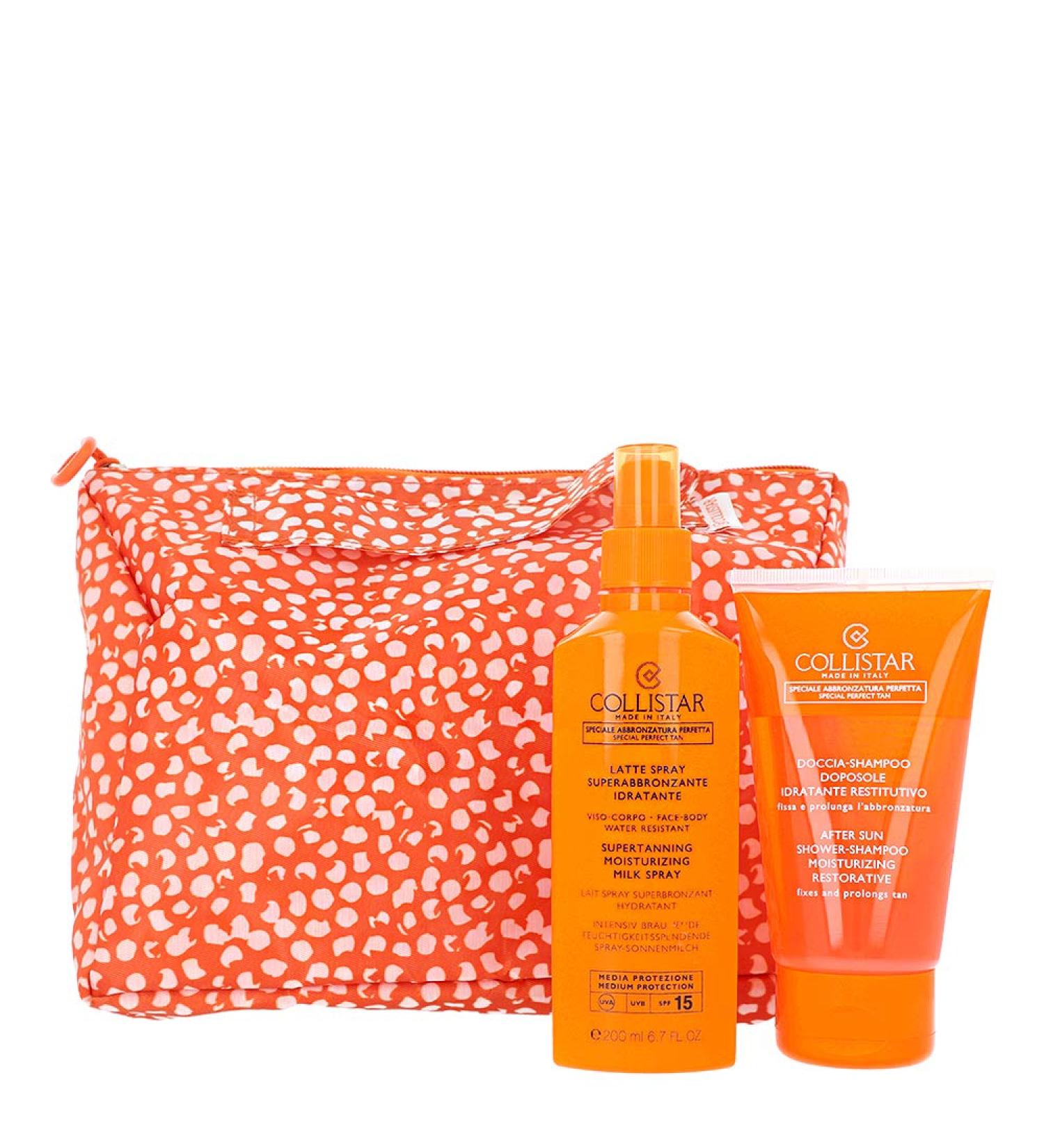 Latte Spray Superabbronzante Idratante Spf 15 Viso e Corpo + Doccia Shampoo Doposole + Pochette