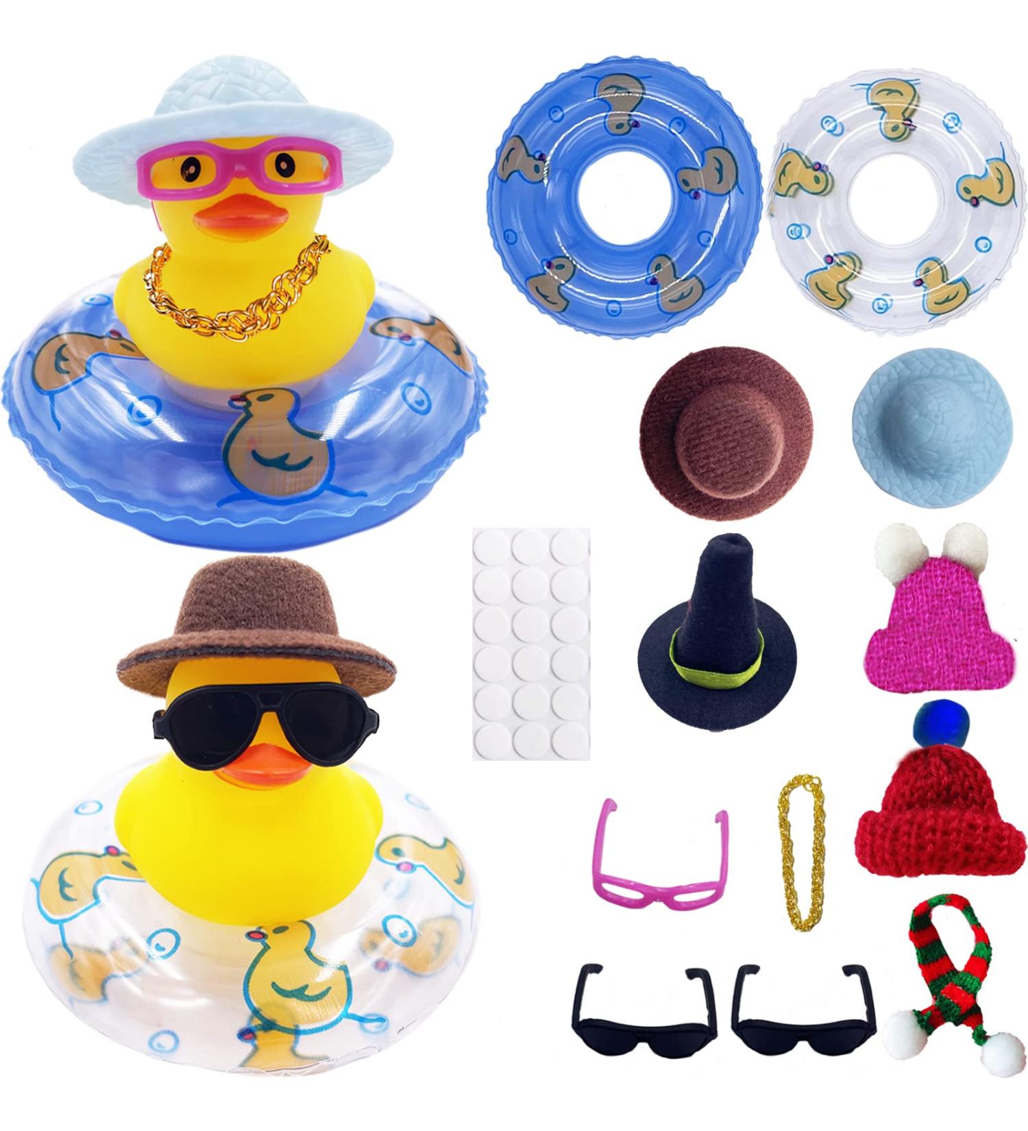 2PCS Yellow Rubber Duck Car Decoration Set with Hat, Sunglasses, Gold Chain - Fun Bath Toy for Baby Shower, Office, Bedroom - Winter Ornaments - Buy Online on GoSupps.com