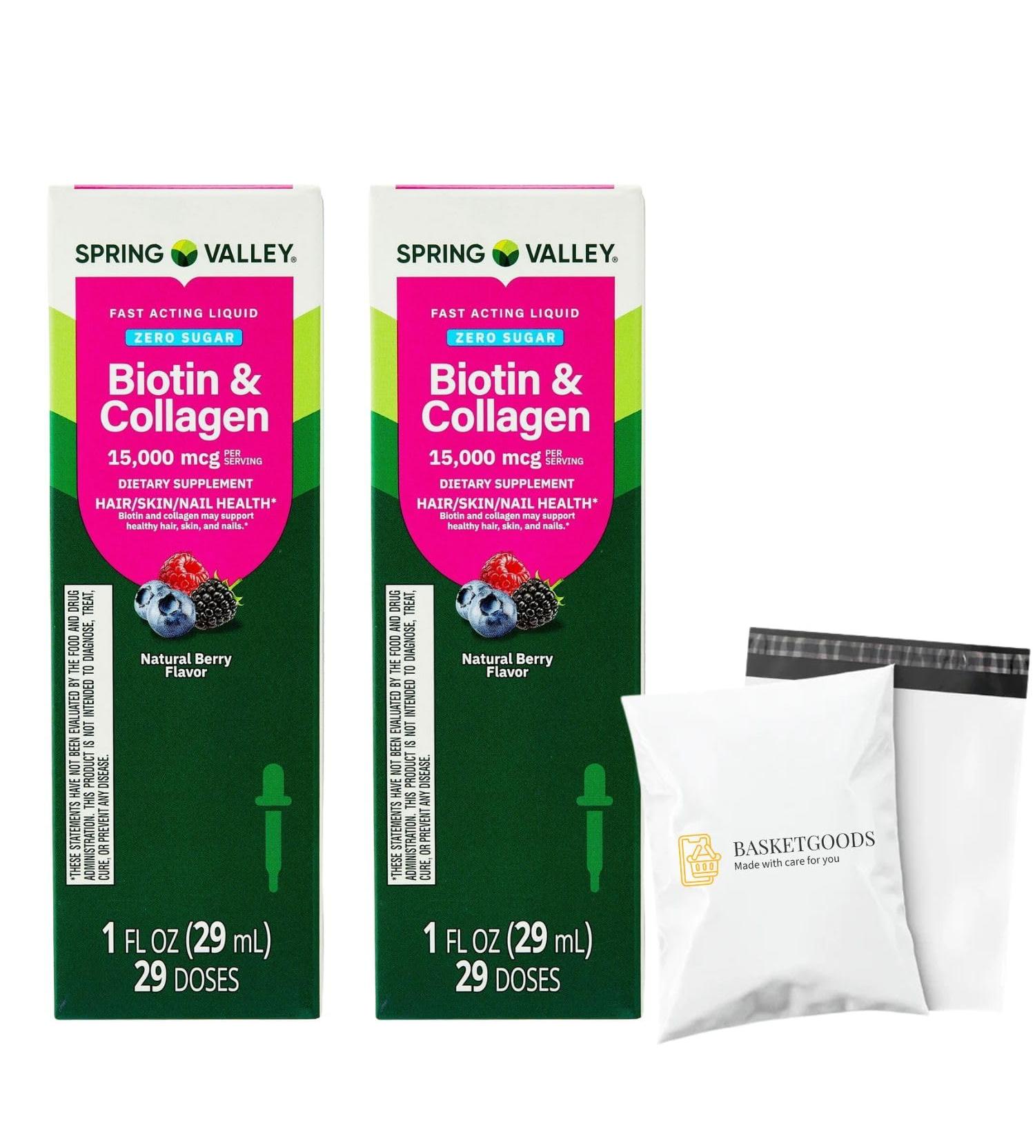 Liquid Biotin and Collagen 15000Mcg Natural Berry Flavor Drops for Hair Skin Nails - Spring Valley 1 fl oz (Pack of 2) - Set by Basket Goods - Buy Online on GoSupps.com