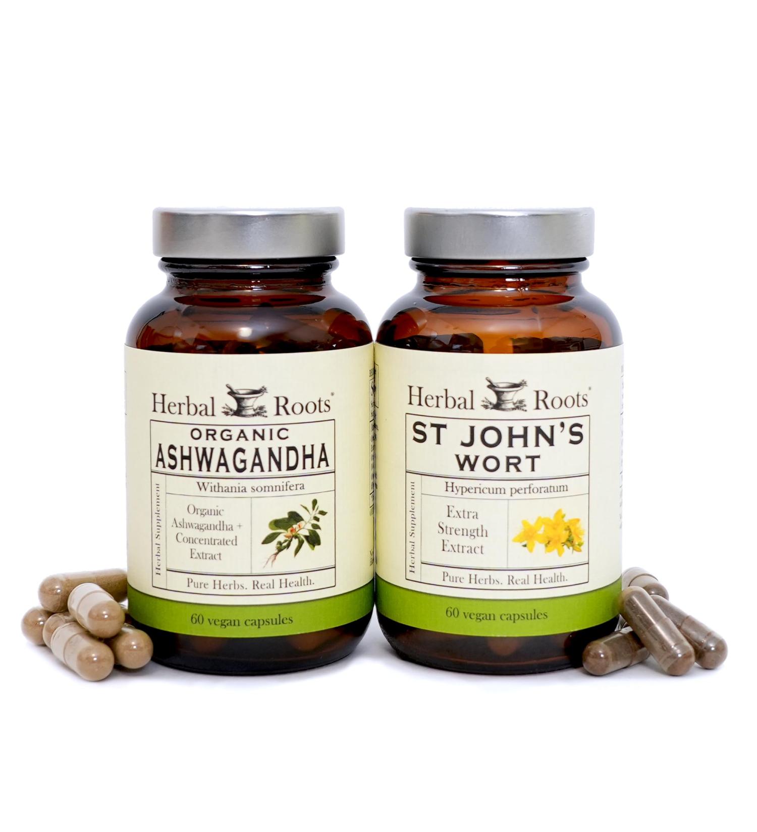 Herbal Roots Mood Duo Organic St. John's Wort and Ashwagandha Supplement Natural Mood Support Non-GMO - Buy Online on GoSupps.com