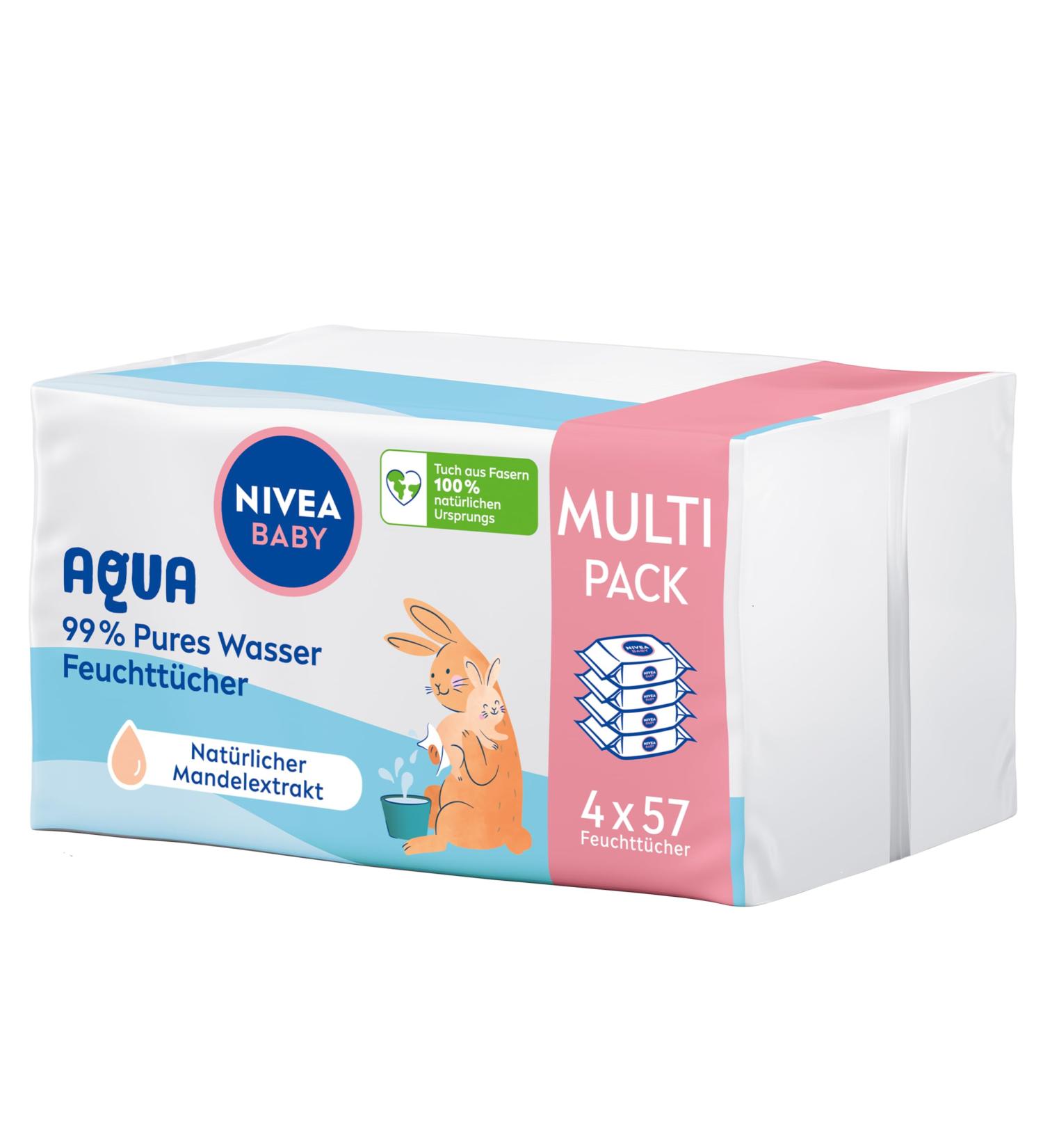 Nivea Baby Aqua Wet Wipes - Hypoallergenic Perfume-Free Baby Wipes for Sensitive Skin (4 x 57 Pieces) - 99% Water Gentle Cleansing - Buy Online on GoSupps.com