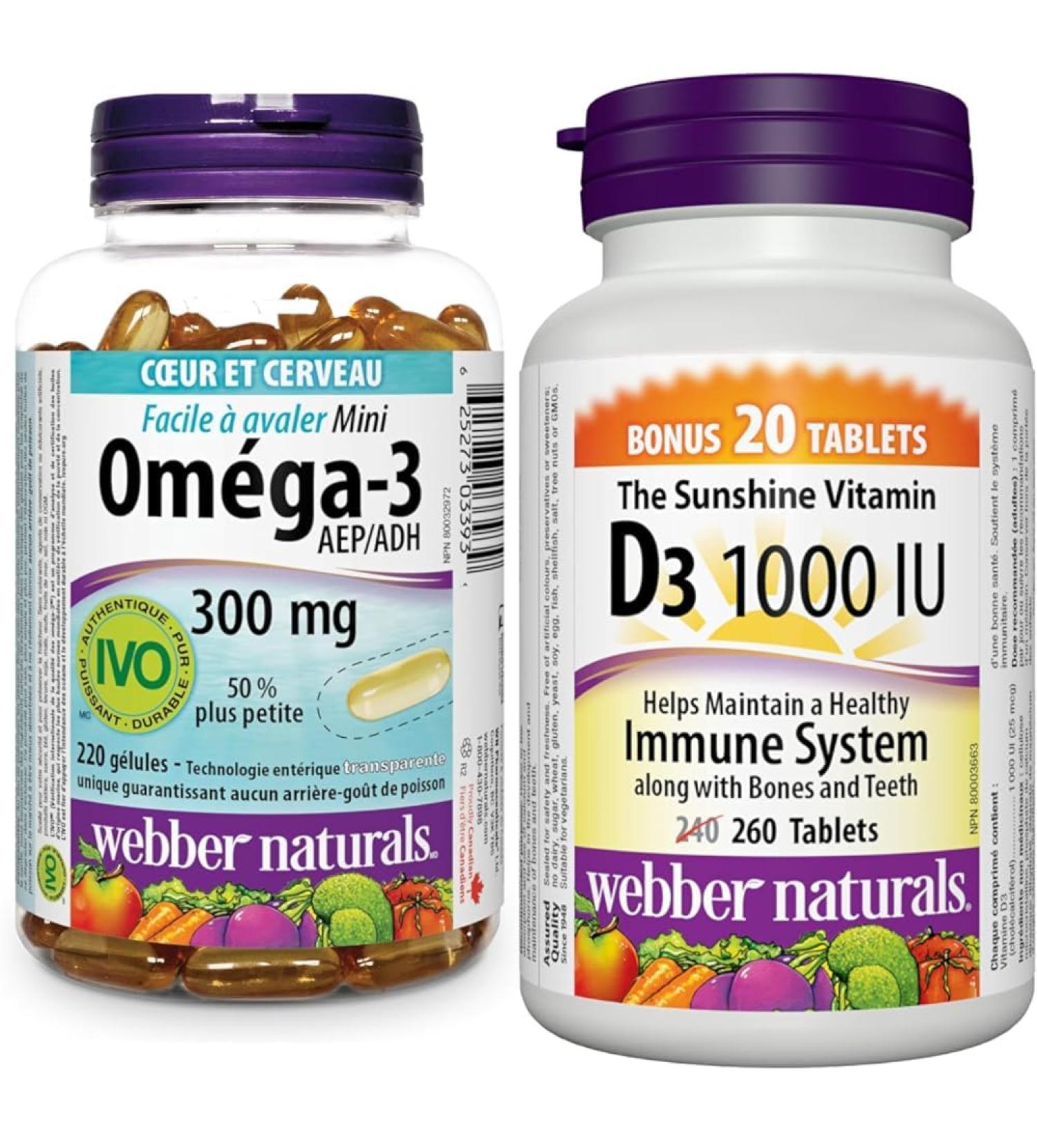 Webber Naturals Omega-3 300 mg Mini 220 Clear Enteric No Fishy Aftertaste Mini Softgels & Vitamin D3 1000 IU 260 Tablets For Healthy Bones Teeth and the Maintenance of Good Health - Buy Online on GoSupps.com