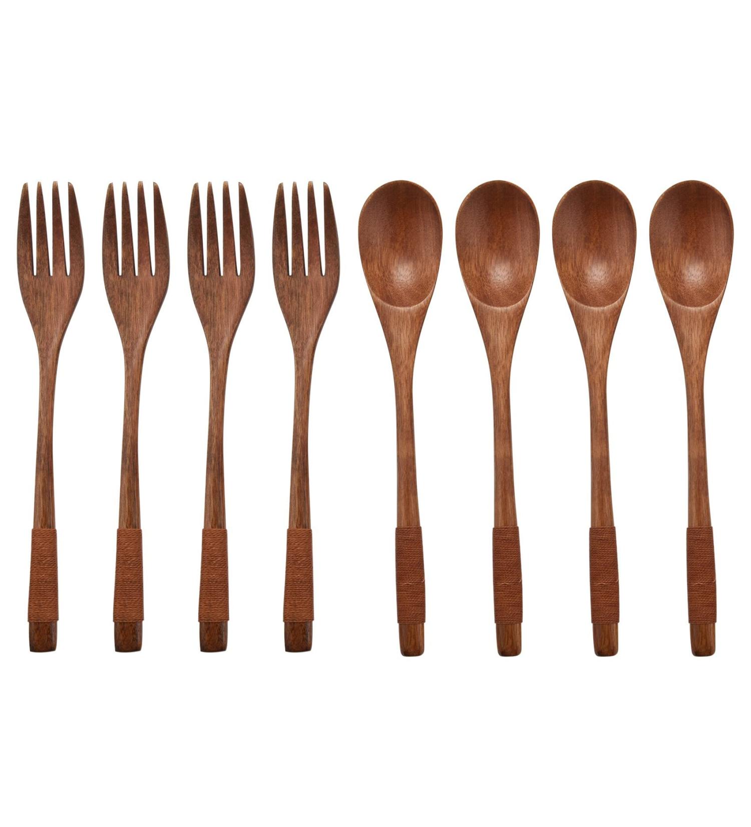 AIDIRui 8 Pcs Wooden 9 inchJapanese Spoon Fork Set Kitchen Tableware Natural Wood Cutlery Wooden Dinner Cutlery Set - Buy Online on GoSupps.com