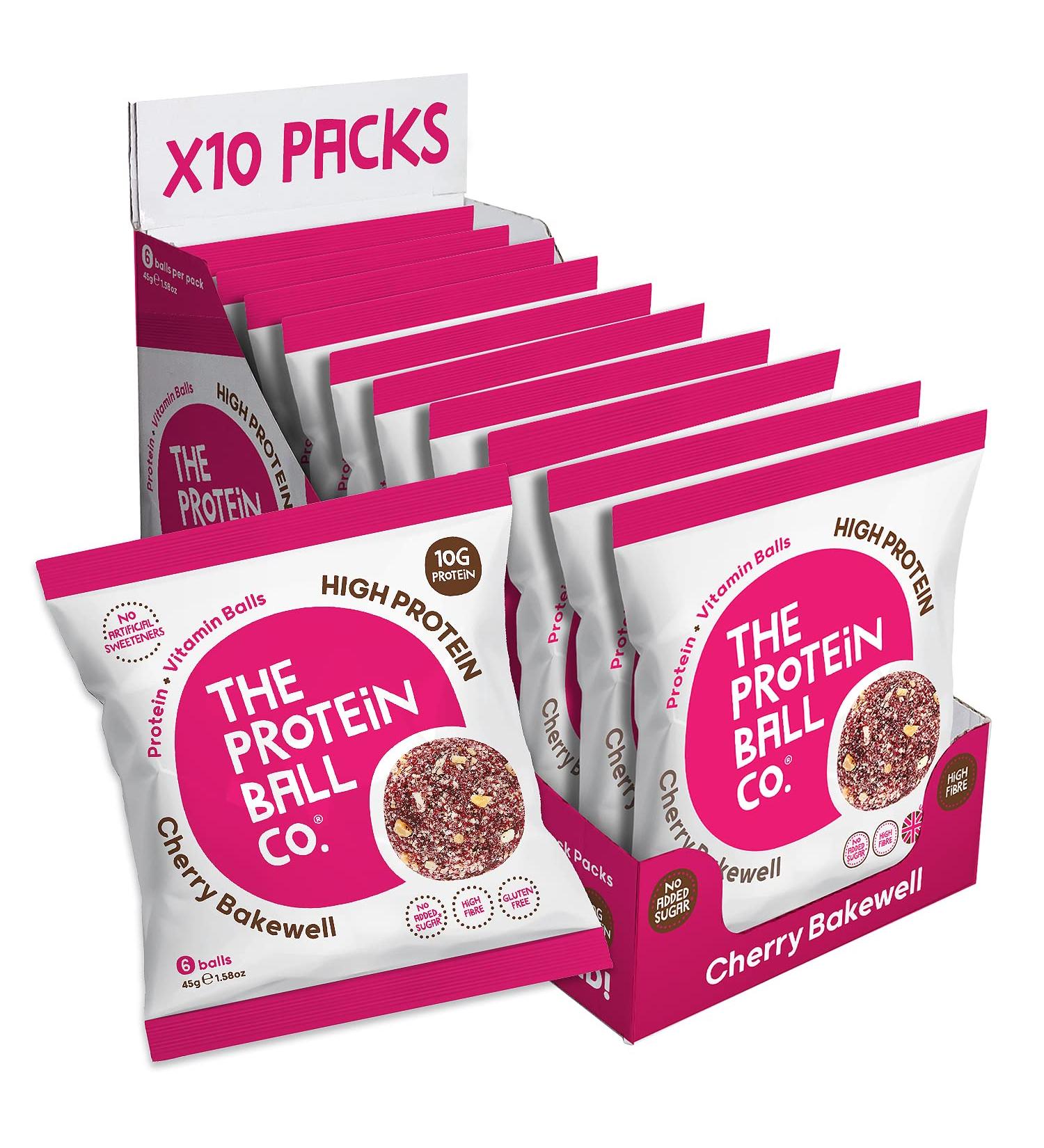 Cherry Bakewell Flavour Protein Balls by The Protein Ball Co - Plant Based Vitamin Enriched Snacks - 10 x 45g Bags - Gluten Free & No Artificial Sweeteners - Buy Online on GoSupps.com