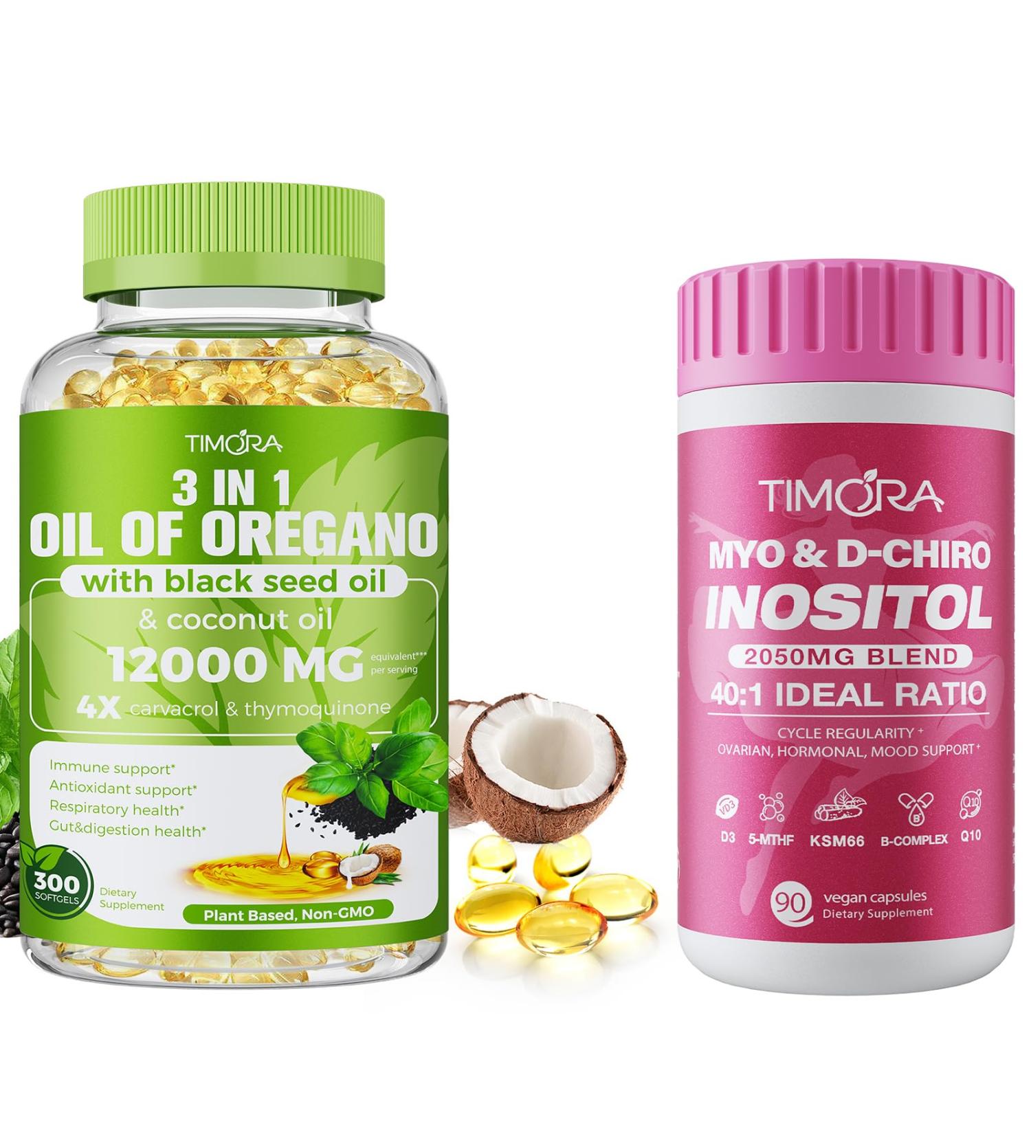 TIMORA Women's Wellness & Immune Support Duo Pack: 40:1 Myo & D-Chiro Inositol with KSM-66 Ashwagandha & CoQ10 (90 Capsules) + Triple Action Oregano Oil with Black Seed & Coconut Oil (300 Softgels) | - Buy Online on GoSupps.com