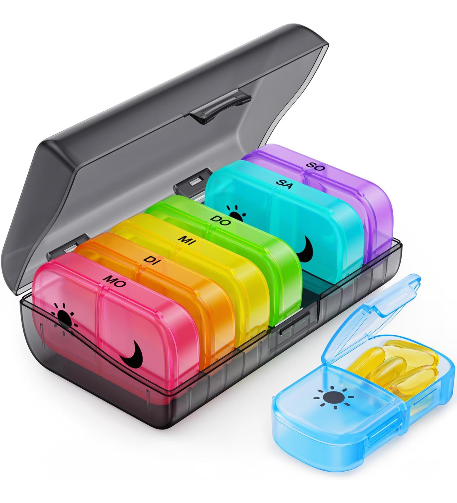 Shop Auvon 7-Day Tablet Box - Convenient Moisture-Resistant Pill Organizer | 2 Compartments Black Rainbow Design - Buy Online on GoSupps.com