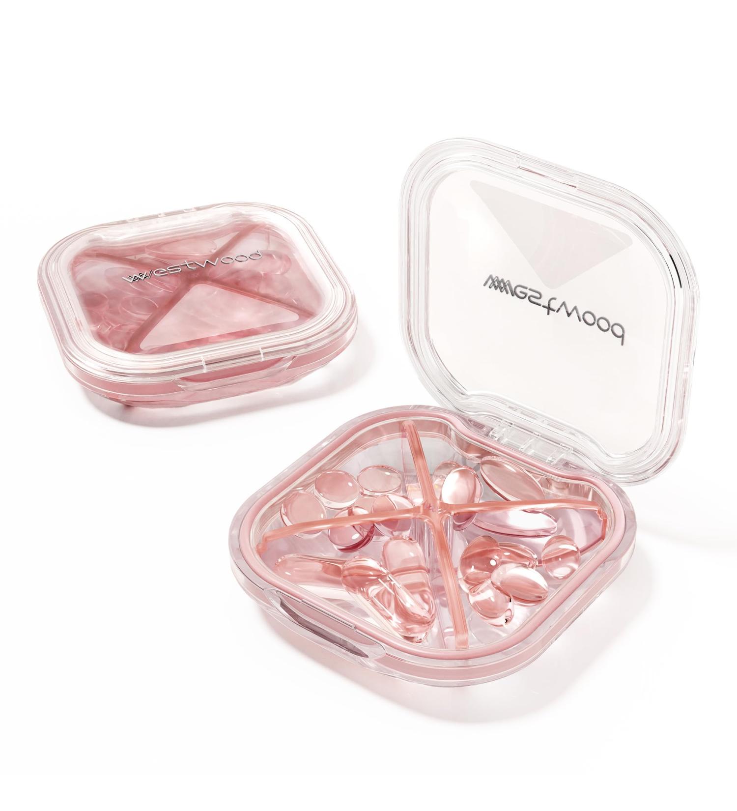 Compact Pink Pill Organizer - 4 Compartments for Vitamins & Medications | Travel & Camping Moistureproof Case - Buy Online on GoSupps.com