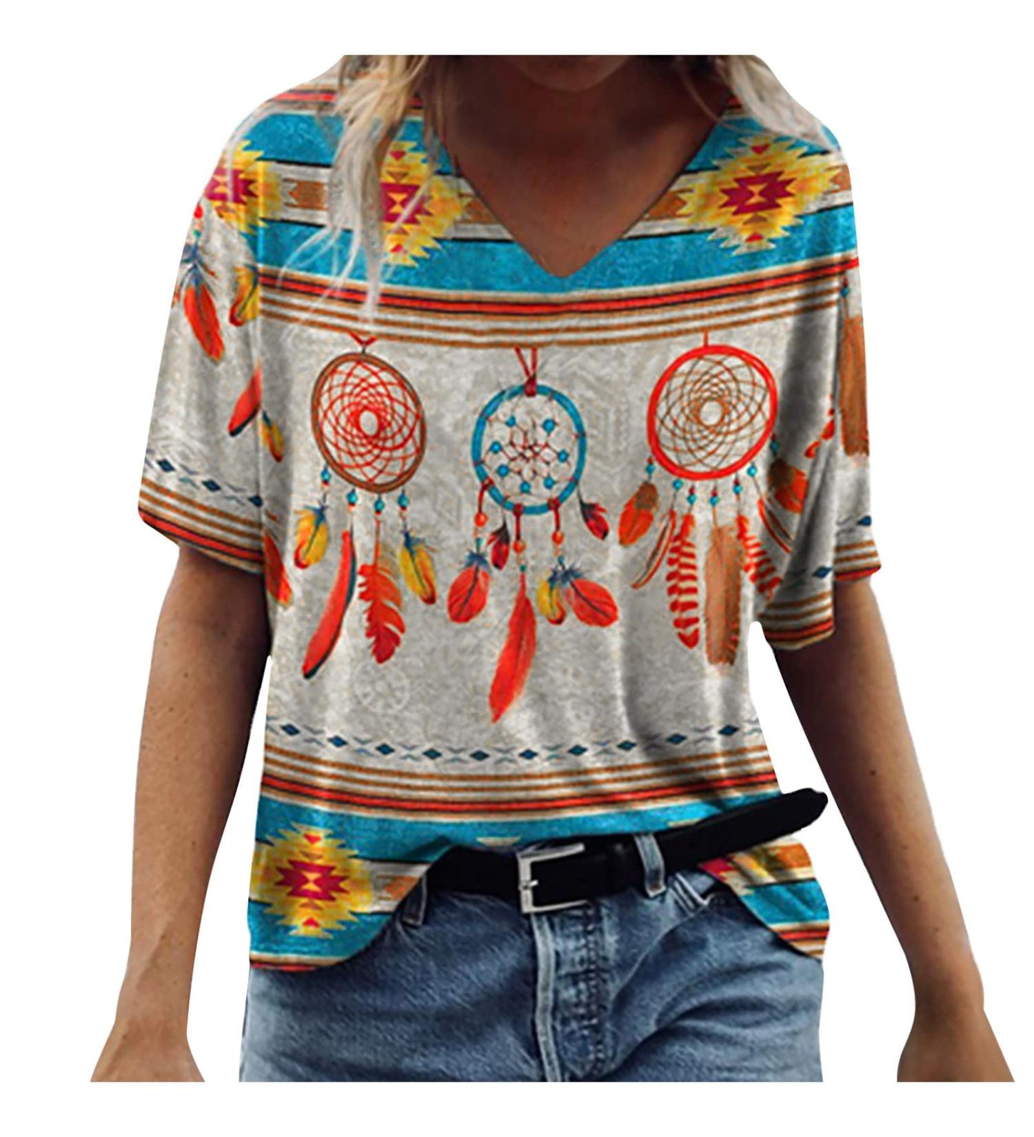 Women's Yellow Tribal Print V-Neck T-Shirt, XL - Dream Catcher Feather Design | Summer Casual Top - Buy Online on GoSupps.com