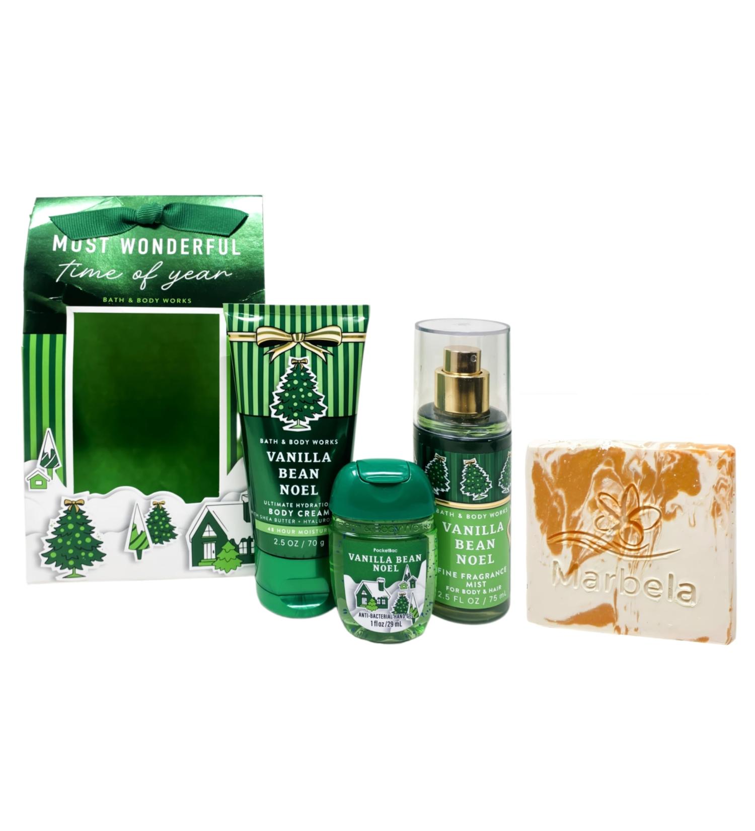 Bath & Body Works Vanilla Bean Noel - Most Wonderful Time Of Year Gift Set - Travel Fragrance Mist Body Cream and Mini Hand Gel with a Peach Gardenia Sample Soap - Buy Online on GoSupps.com