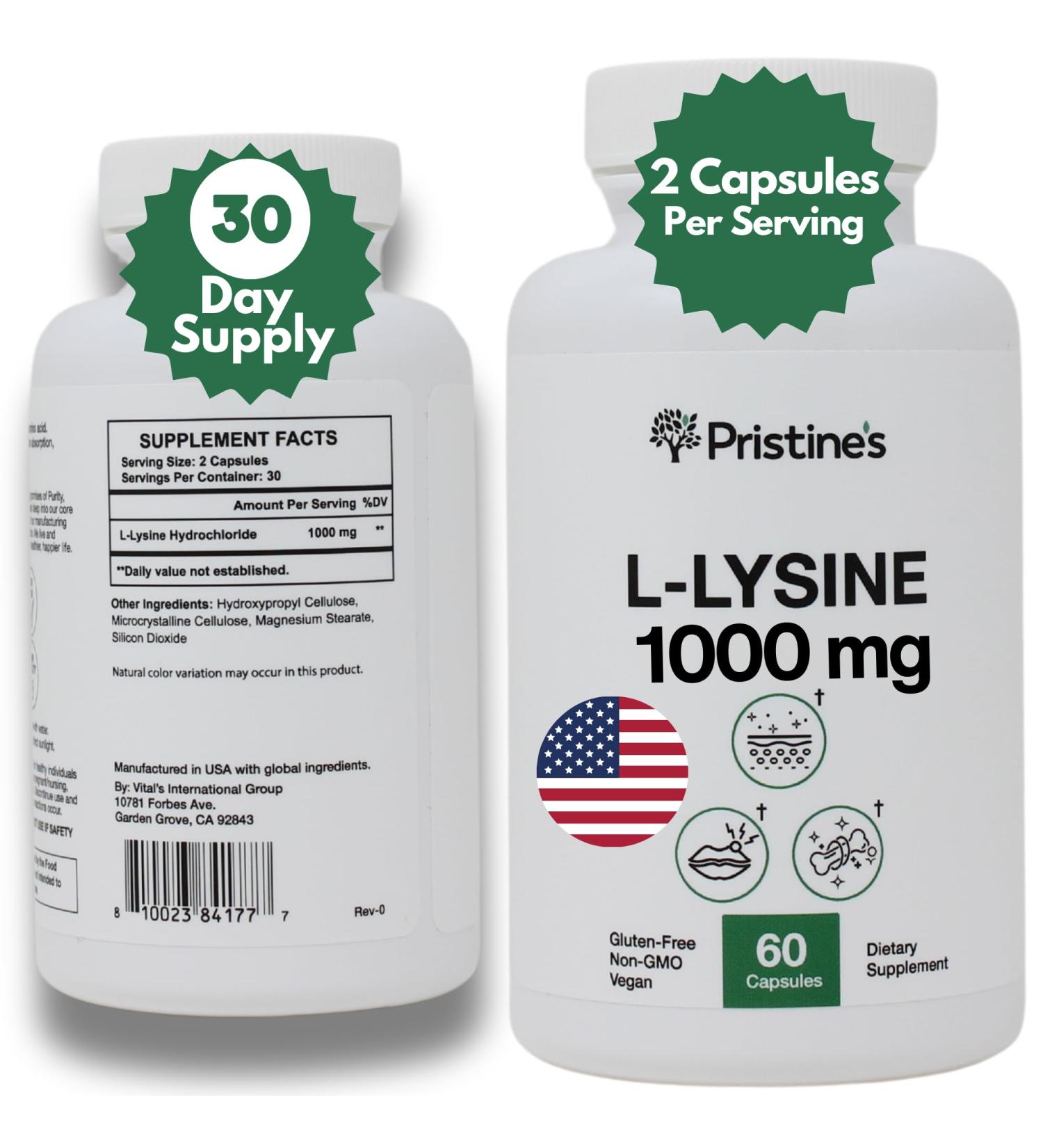 PRISTINE S L Lysine 1000MG | Vegan Amino Acid for Lip & Gum Health Immunity & Muscle Support | 30-Day Supply - Gluten Free - Buy Online on GoSupps.com