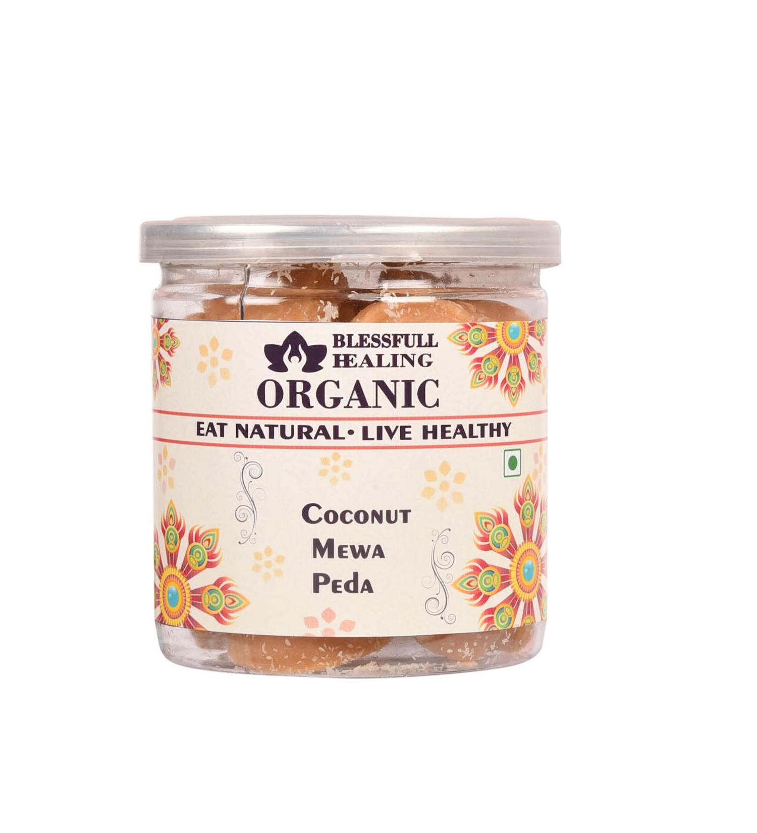 Blessfull Healing Organic Coconut MEWA Peda 300 Gram Airtight Container (Packing May Vary)