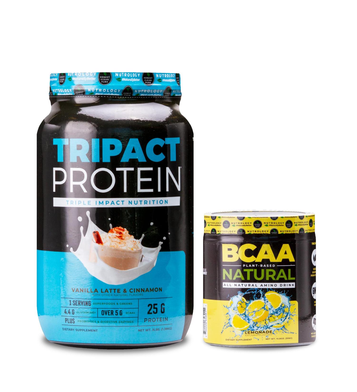 Nutrology TRIPACT Protein Powder 7-in-1 Meal Replacement Shake Vanilla Latte Cinnamon Flavor (40 Servings) BCAA Natural Plant Based BCAA Powder Lemonade Flavor (30 Servings) - Buy Online on GoSupps.com
