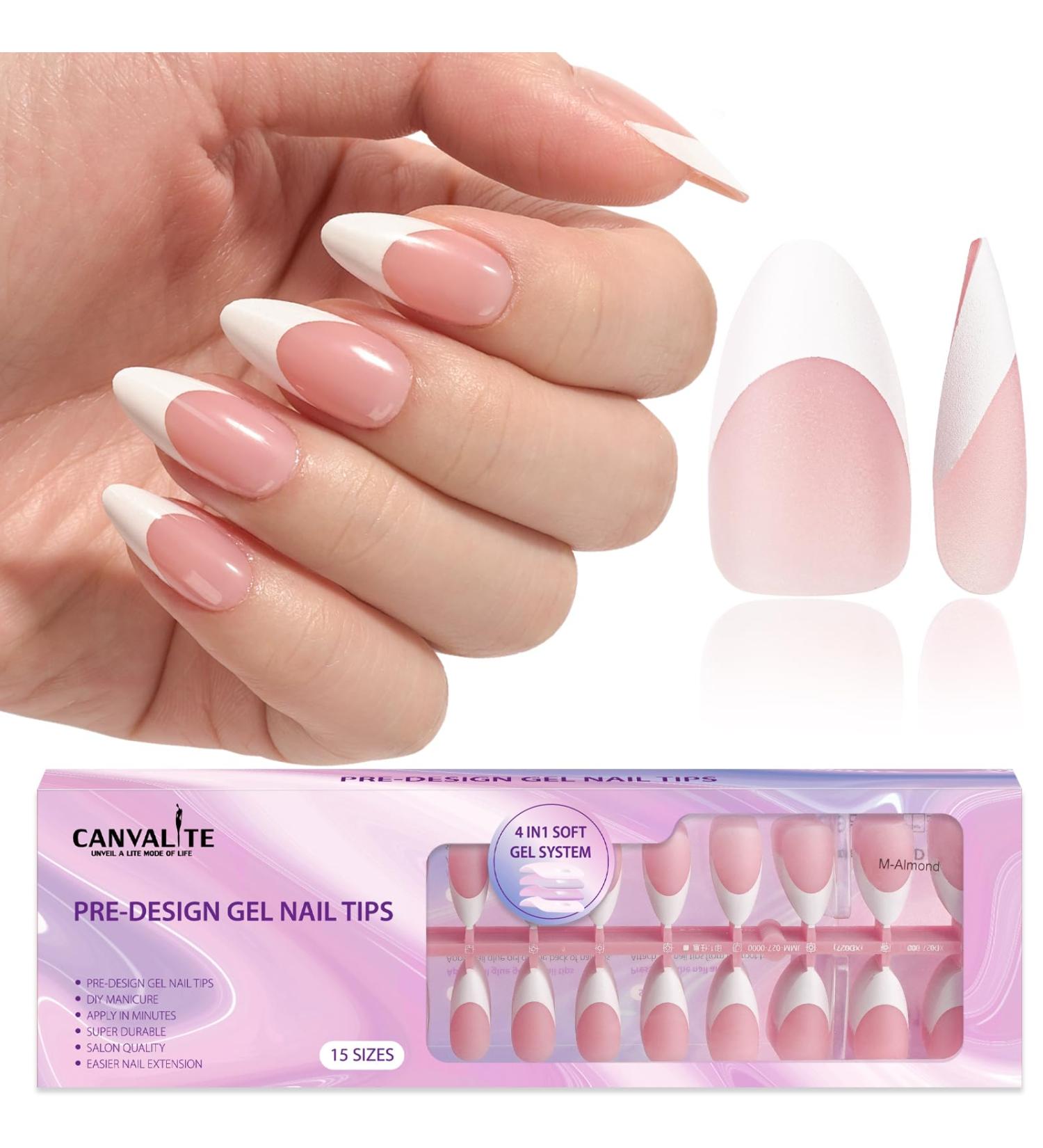 Canvalite French Tip Press on Nails - 300 Pcs Gel Tips - Quick & Easy Almond Fake Nails - Pre-Colored DIY Nail Extensions in Pink & White - Buy Online on GoSupps.com