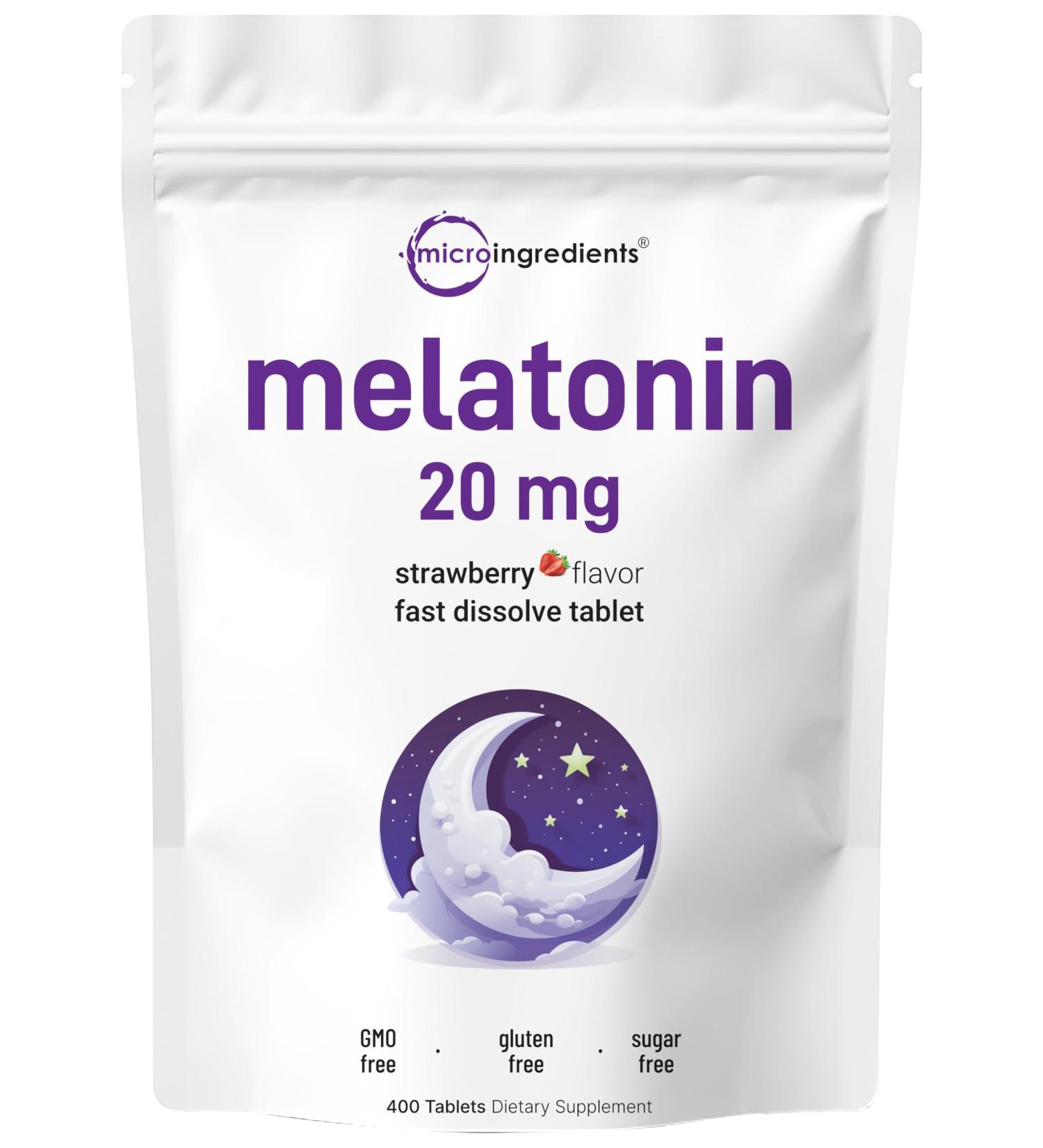 Micro Ingredients Melatonin 20mg 400 Tablets | Natural Strawberry Flavor | Fast Dissolve | No Drug | Vegetarian Friendly | Non-GMO No Gluten Sugar Free - Buy Online on GoSupps.com