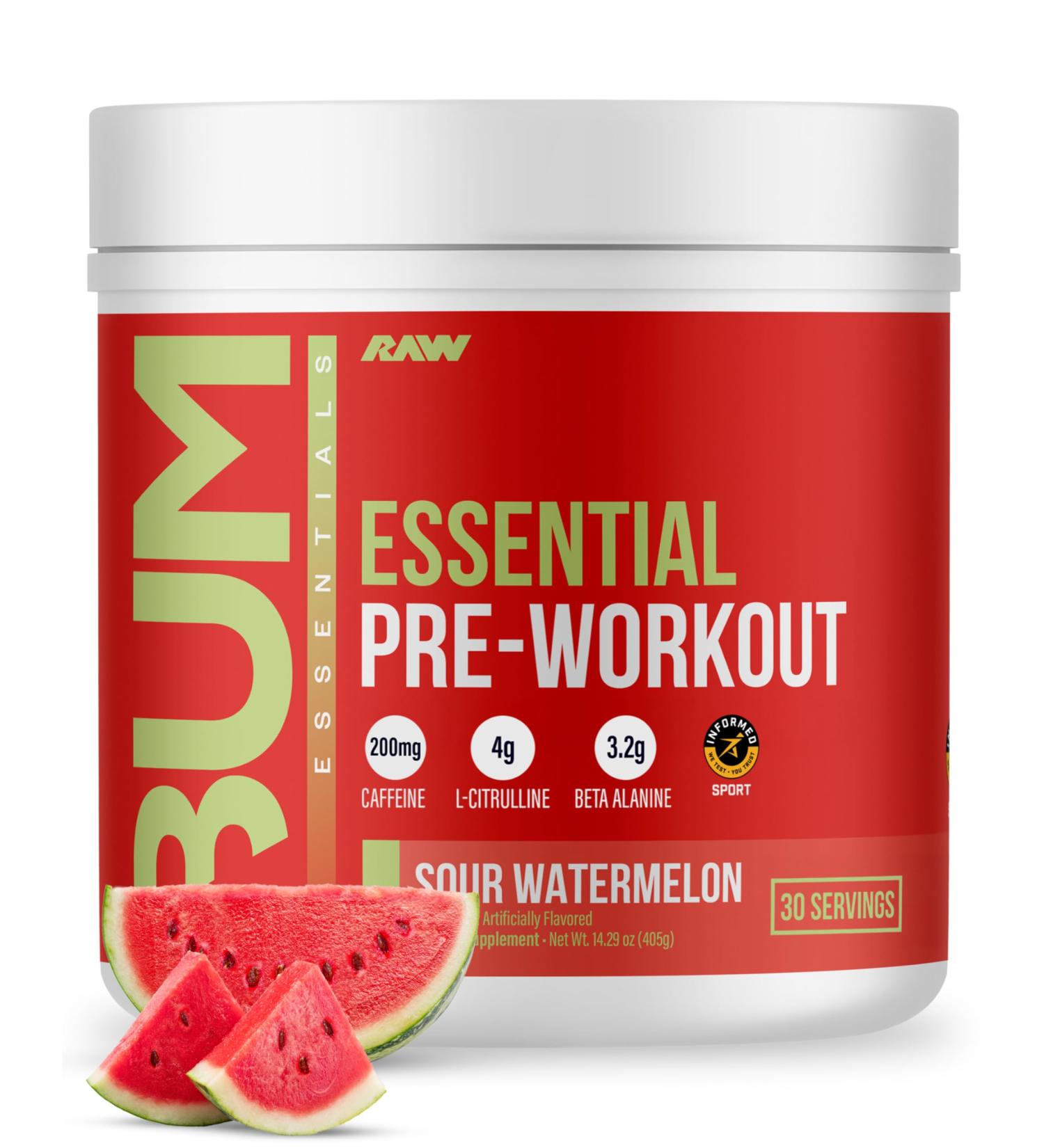 RAW Essential Pre-Workout Powder (Sour Watermelon) - Chris Bumstead Sports Nutrition Supplement for Men & Women - Preworkout Energy Powder with Caffeine L-Citrulline L-Tyrosine & Beta Alanine Blend Sour Watermelon - 30 S  - Buy Online on GoSupps.com