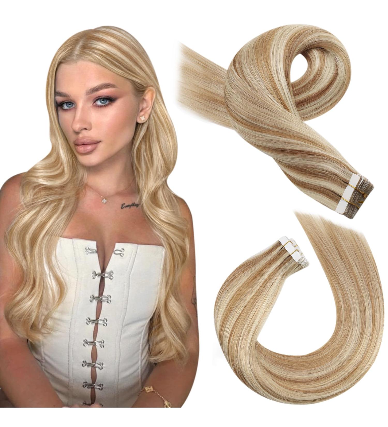 Moresoo Blonde Tape in Hair Extensions - Real Human Hair Medium Blonde with Platinum Highlights | 16 Inch 20 Pieces/50g #P6/60 - Buy Online on GoSupps.com