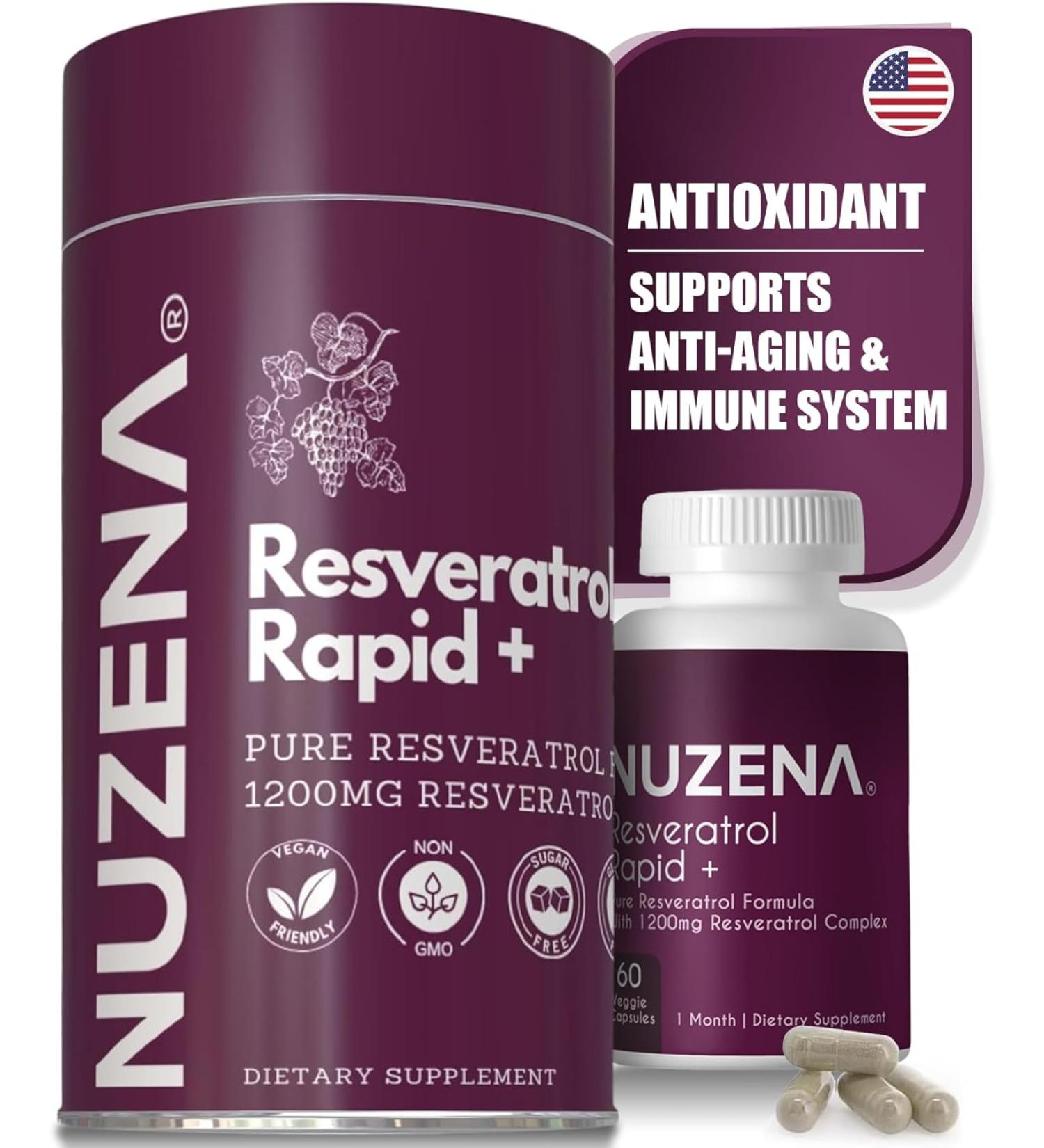 Nuzena 1200mg Resveratrol Supplement Capsules - Made in USA - Immune System Booster & Anti-Aging Support - Extra Strength Formula for Health & Heart - 60 Capsules - Buy Online on GoSupps.com