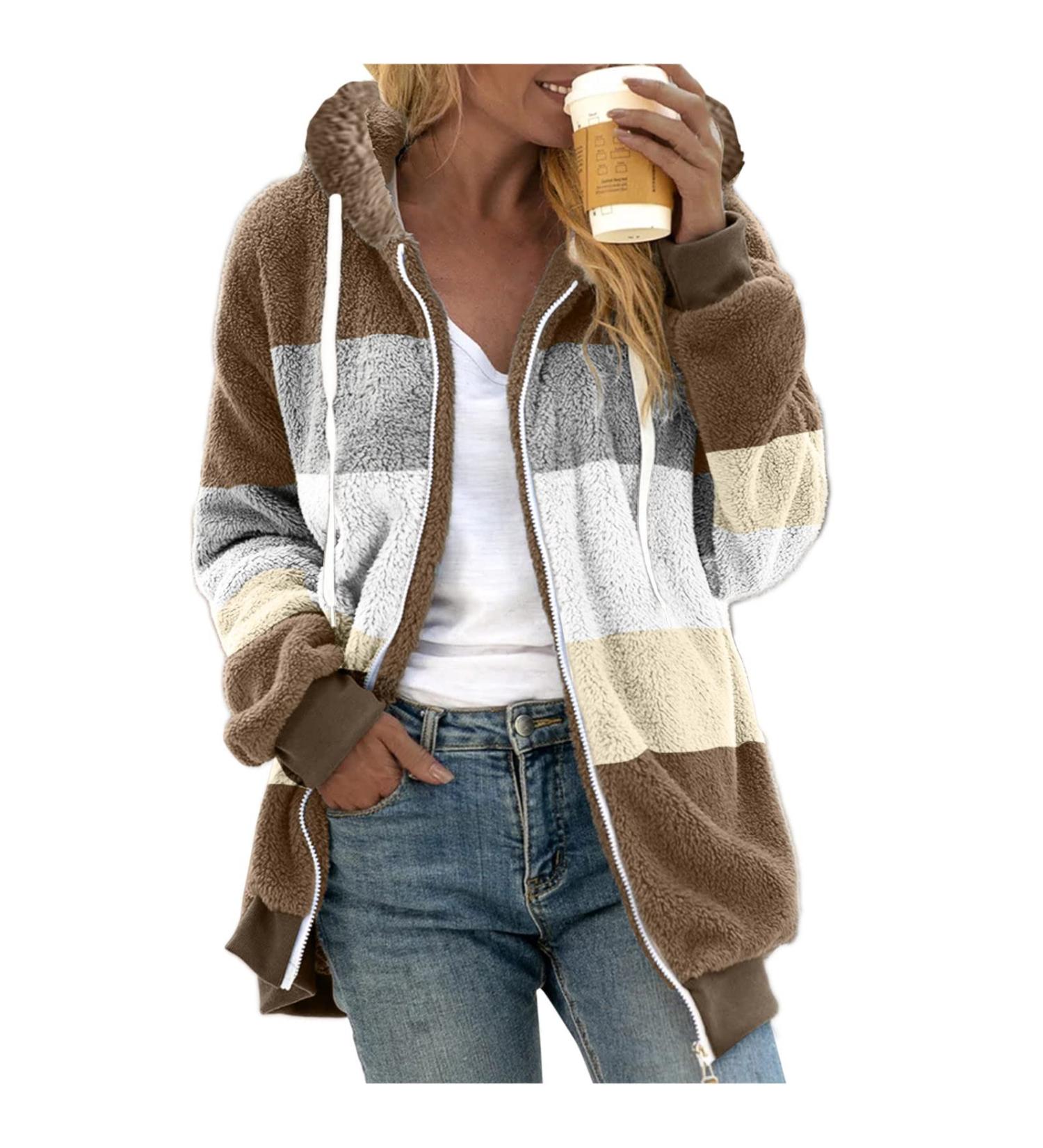 Hanxiulin Women's Oversized Plush Jacket - Breathable Winter Coat & Hoodie in Khaki | Stylish Casual Fashion for Autumn & Winter - Sizes Up to 4XL - Buy Online on GoSupps.com
