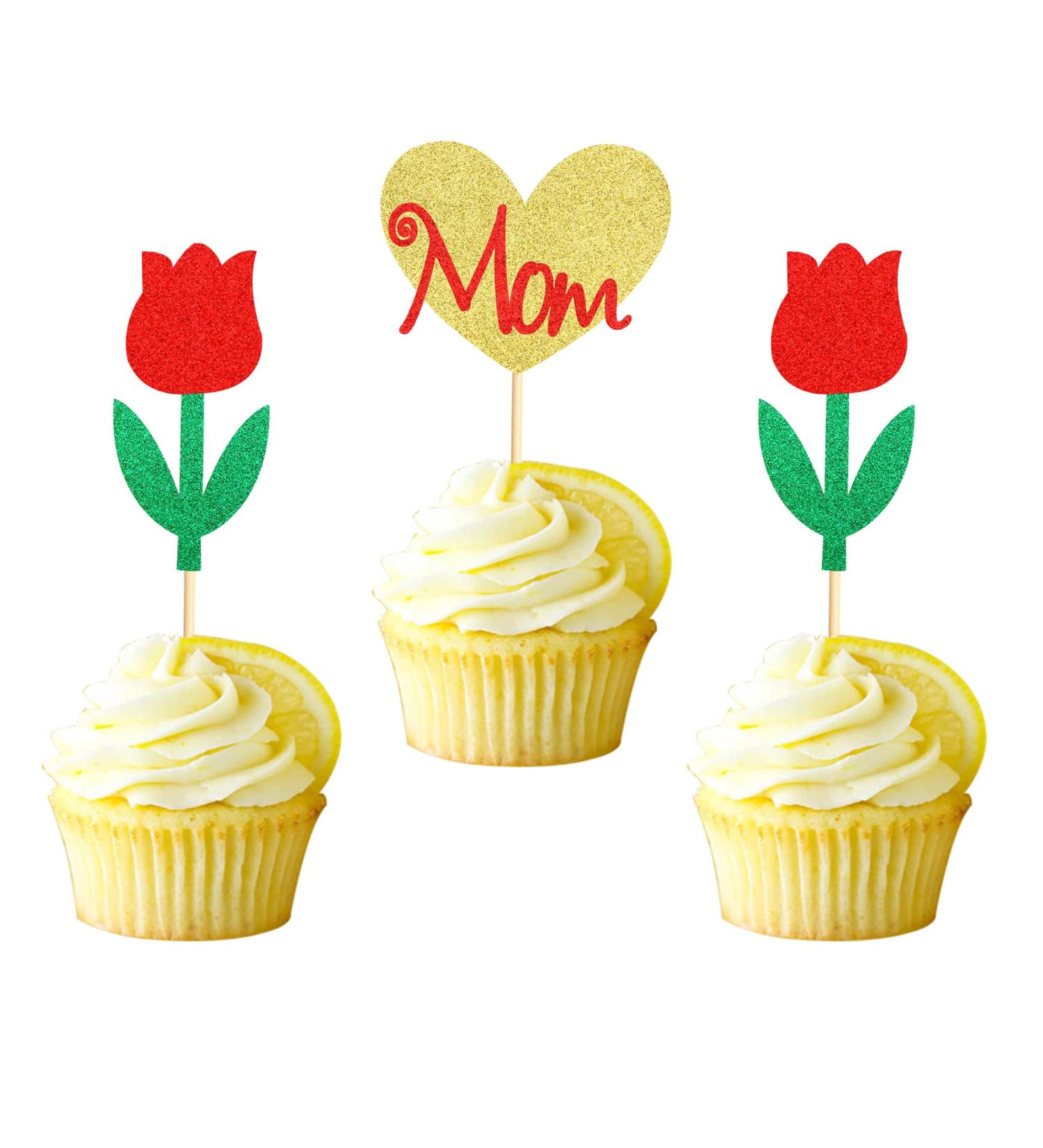 Arthsdite Happy Mothers Day Cupcake Toppers Flower Cupcake Picks Love Mom Heart Cake Decoration Party Supplies for Mother's Day Party Decorations Supply- Red Glitter Red Flower - Buy Online on GoSupps.com
