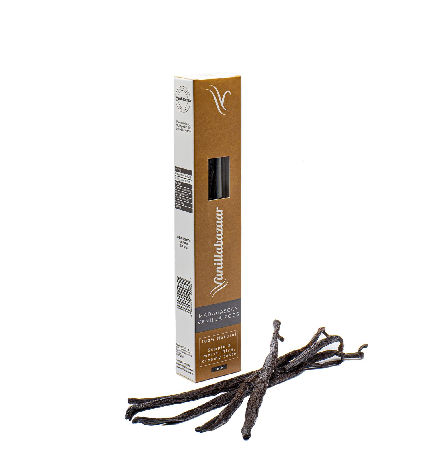 Sustainable Madagascan Grade A Vanilla Beans - 5 Bourbon Gourmet Pods in Resealable Tube for Chefs & Baking - Buy Online on GoSupps.com