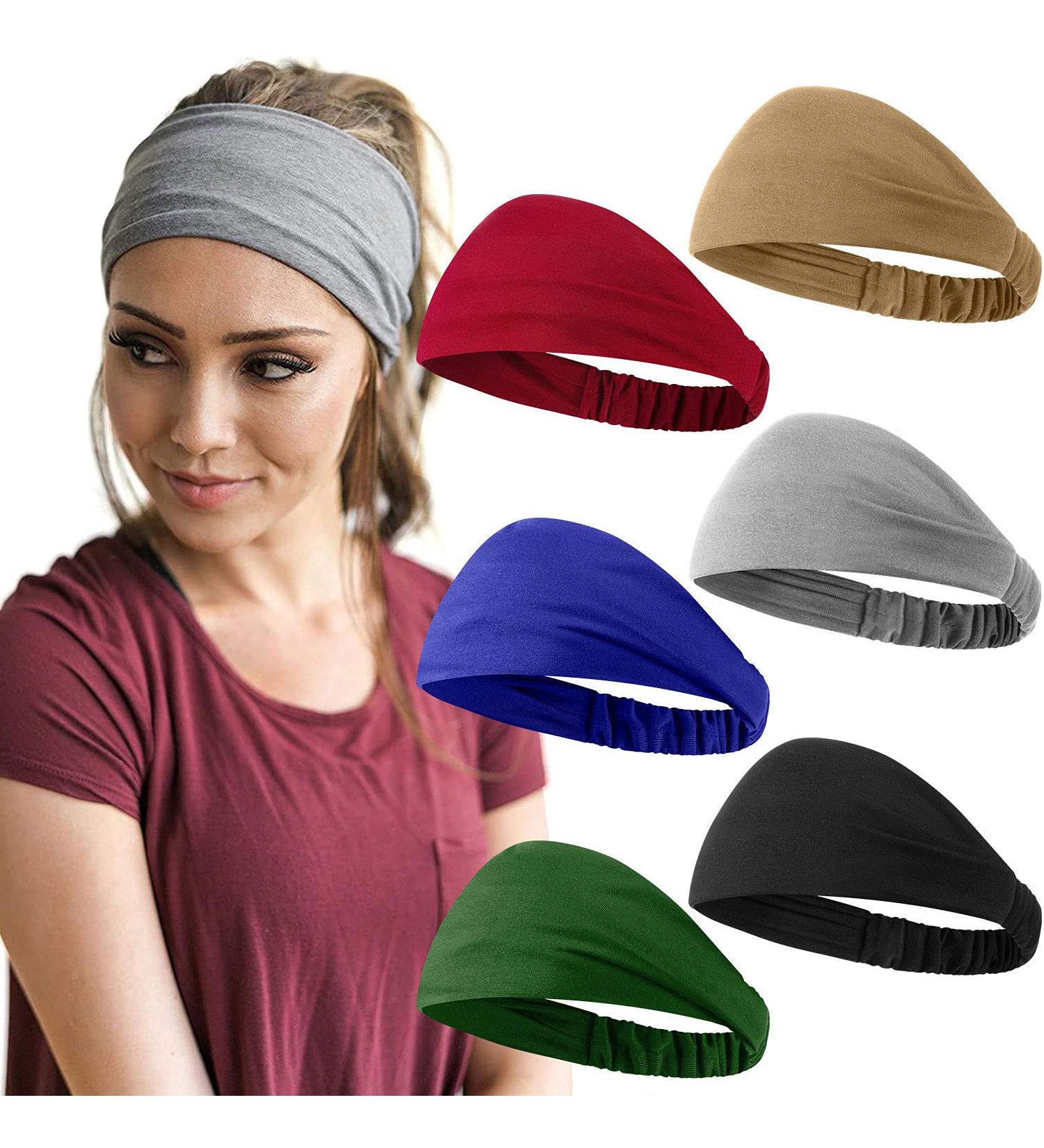 6 Pieces Women's Elastic Yoga Headbands - Sweat-Wicking Boho Hair Bands for Workout and Running - Black, Dark Blue, Light Grey, Khaki, Atrovirens, Wine Red - Buy Online on GoSupps.com