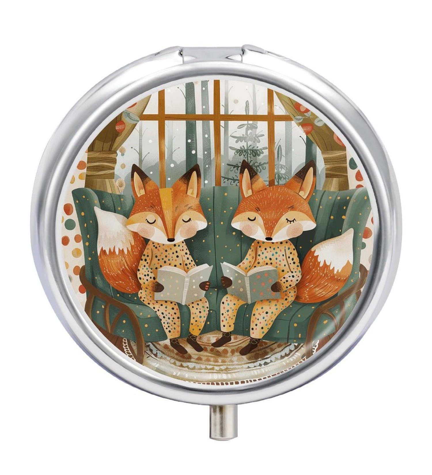 Round Foxes Reading Pill Box - 3 Compartment Medicine Organizer | Portable Decorative Metal Pill Case - Buy Online on GoSupps.com